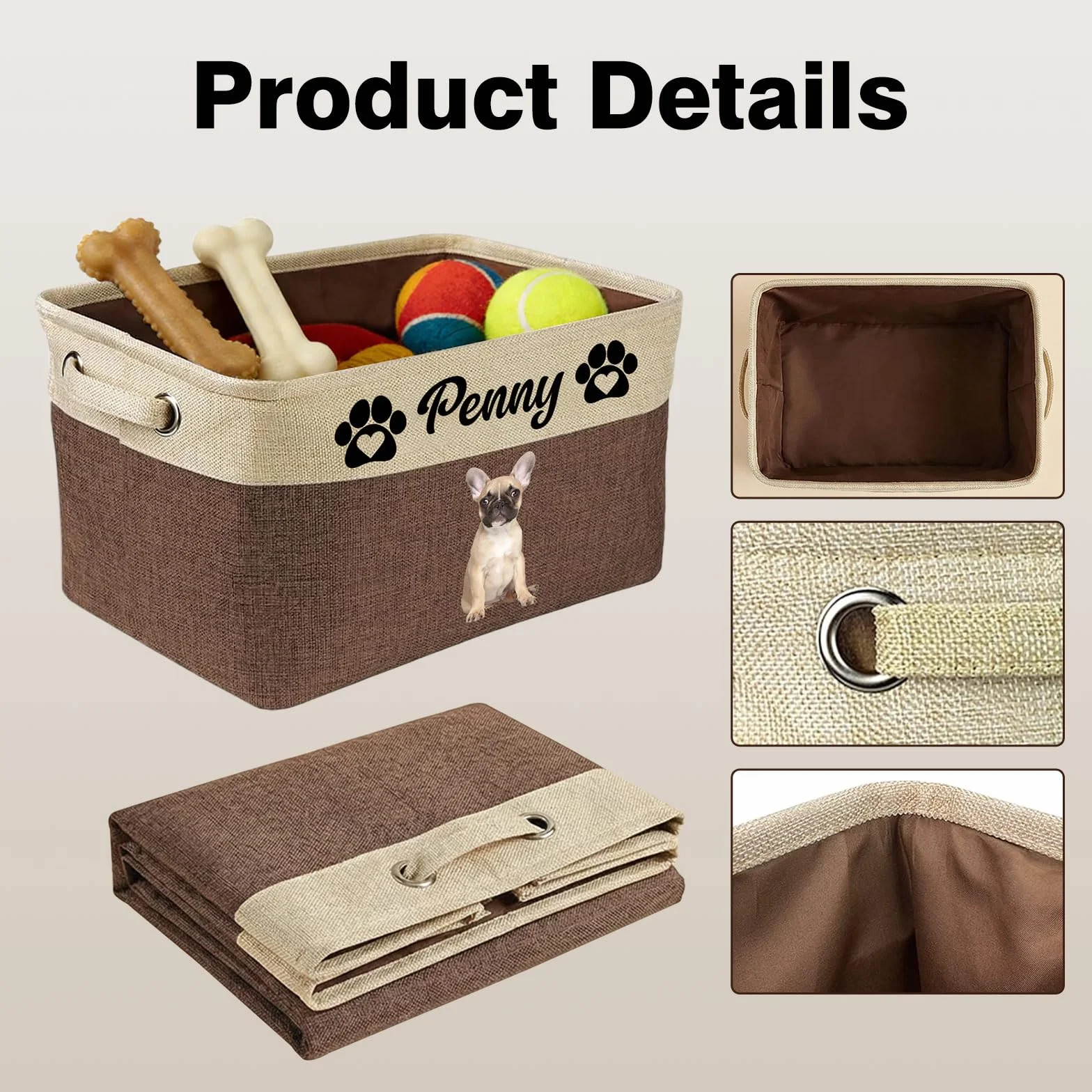 Cesta de almacenamiento personalizada para juguetes de perro, cesta plegable personalizada para mascotas con nombre y foto, cesta para juguetes de perro y suministros para mascotas (Rosa)