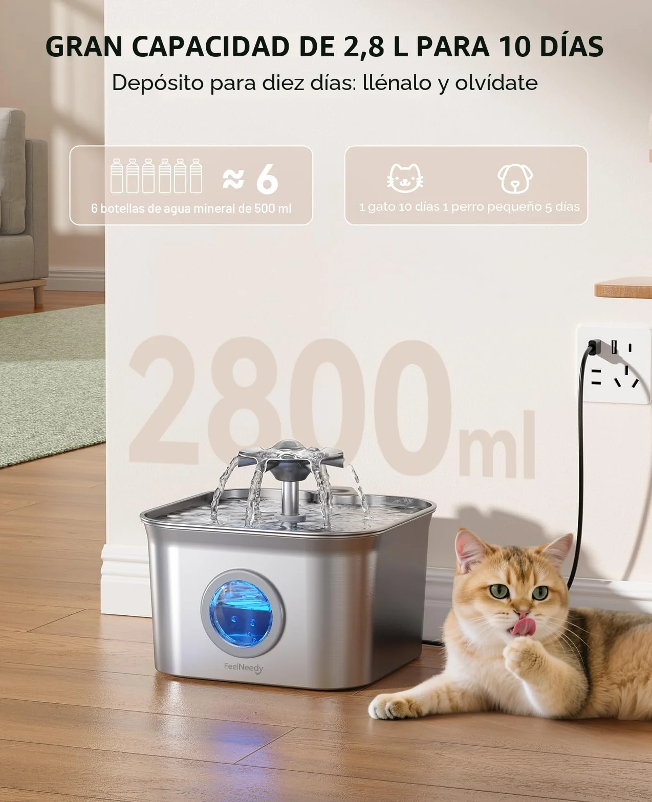 2.8L Fuente para Gatos Acero Inoxidable con 3 Filtros, FEELNEEDY Bebedero Gatos Ultra Silencioso, Filtración de Cuatro Capas, Fácil de Limpiar, Apta para Lavavajillas