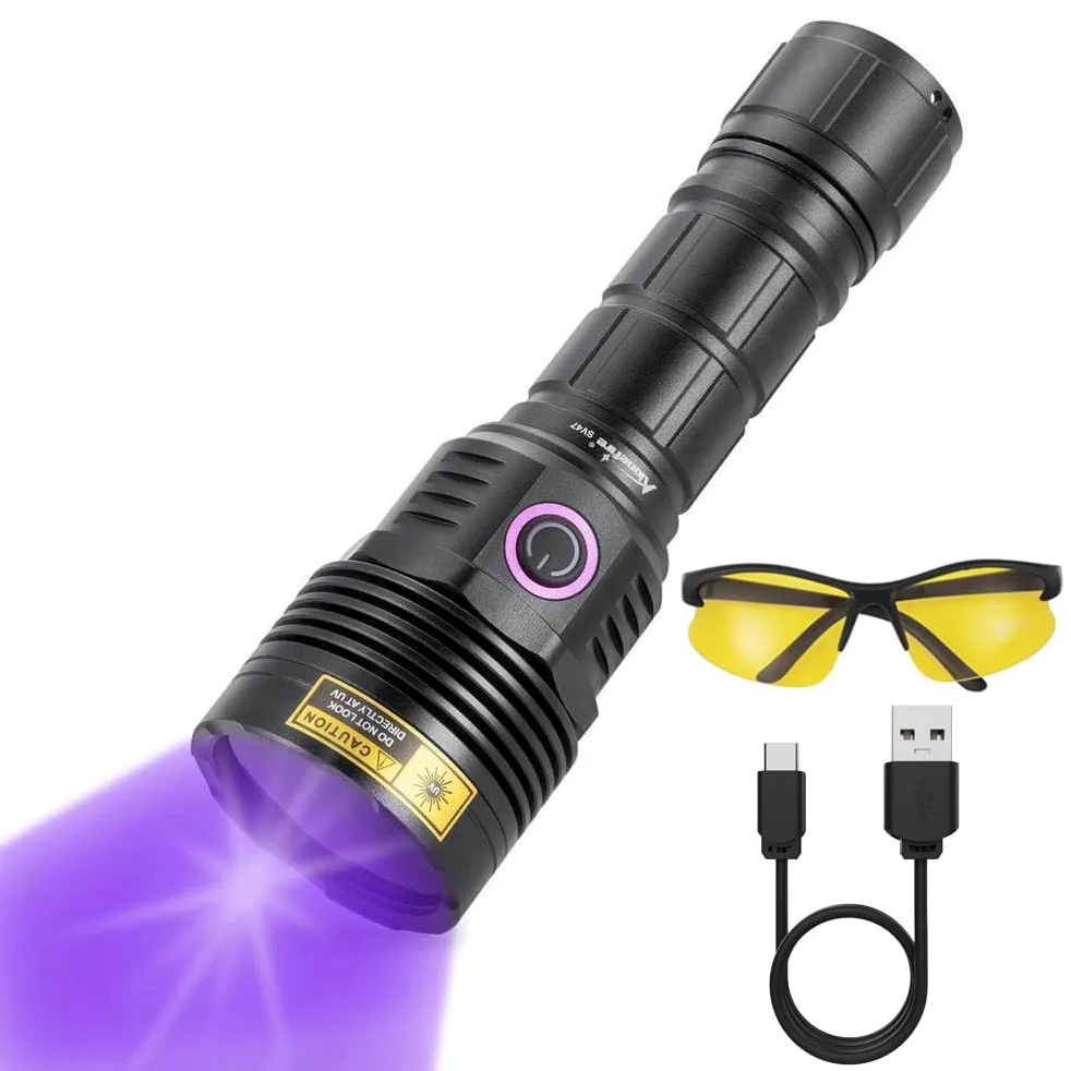 ALONEFIRE SV47 - Linterna UV de 12 W y 365 nm recargable USB C de largo alcance, detector de orina de mascotas para curado de resina, pesca, escorpión, minerales, chinches, fugas con gafas protectoras