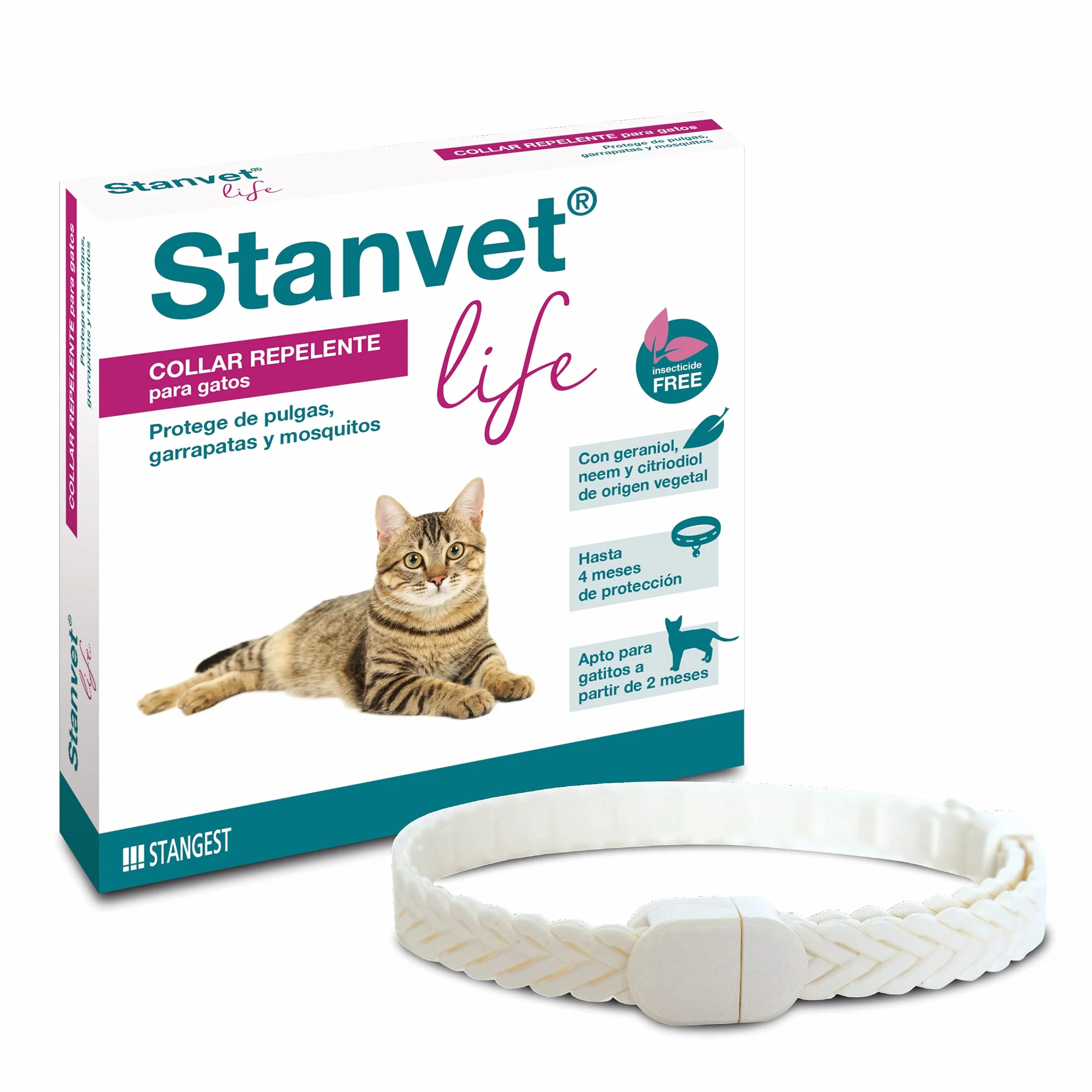 Stangest Collar Stanvet Life para Gatos Premium |Collar Repelente de Insectos | Protege de Garrapas, Pulgas y Mosquitos | Sin Insecticidas | Resistente al Agua | Activos Vegetales | 37 cm