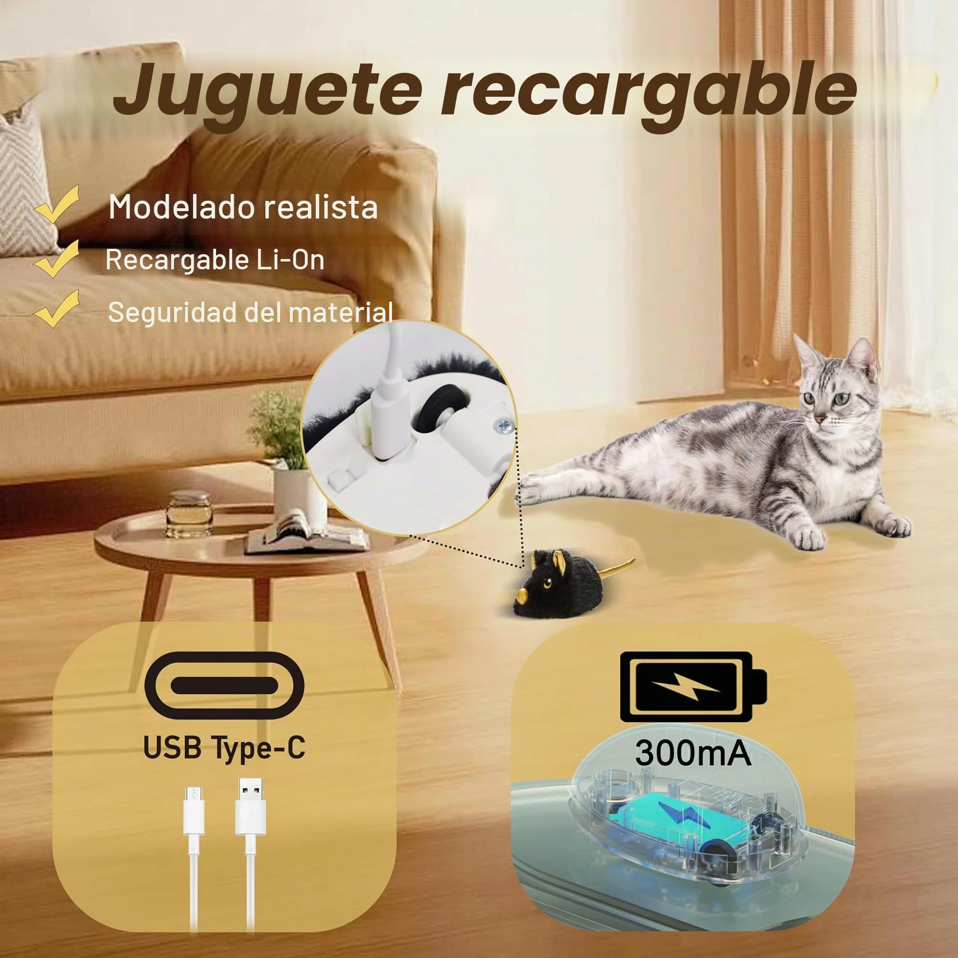 Vealind Juguete Eléctrico para Gatos, Ratón de Juego con Movimiento, Recargable por USB, Interactivo (Negro)
