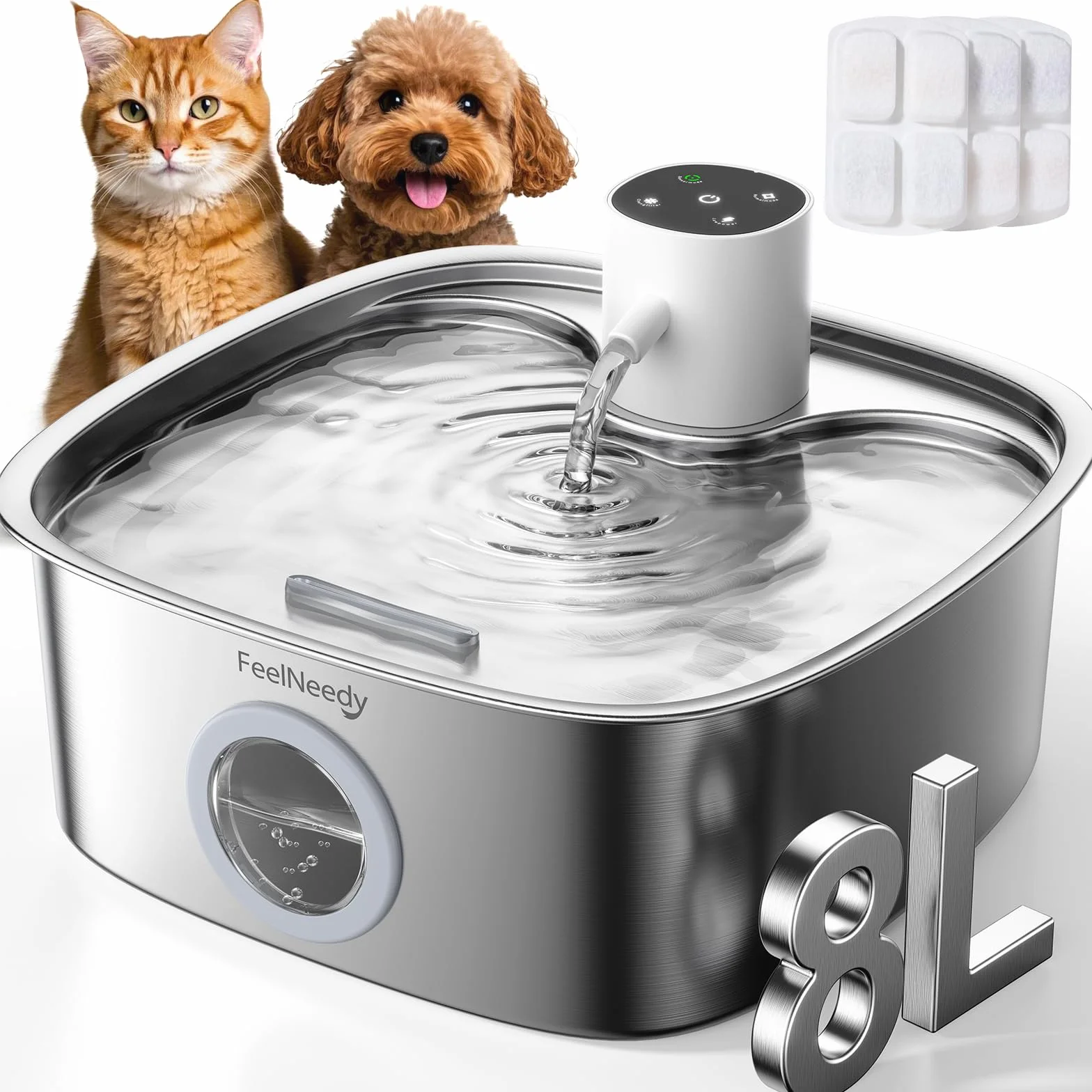 FEELNEEDY 8L Fuente para Gatos sin Cable, Bebedero Gatos Perros de Acero Inoxidable con 3 Filtros, 5000mAh Batería Recargable, Apta para Lavavajillas, Sensor de Radar Mejorado