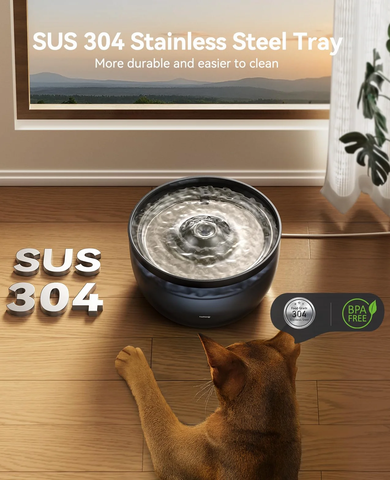 FEELNEEDY Fuente para Gatos 3L Bebedero de Agua Gatos, Súper Silenciosa, Cubeta en Acero Inoxidable, Fácil de Limpiar, con LED y 1 Filtro de Carbón Activado, Negra