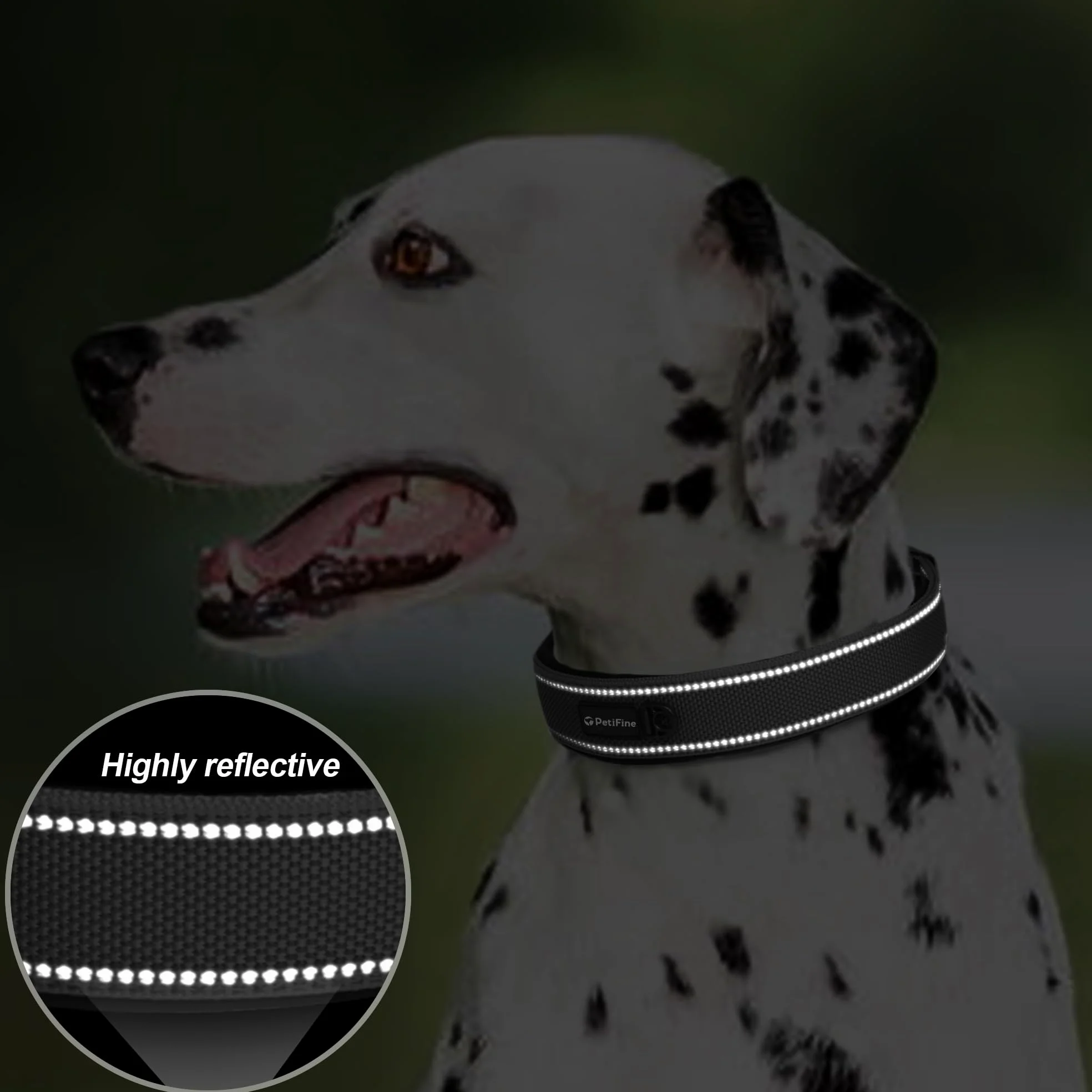 PetiFine Collar de perro resistente para perros medianos, collares de perro con hebilla Nikel reflectante, tamaño conveniente para todas las razas (14.5 a 19 pulgadas, negro)