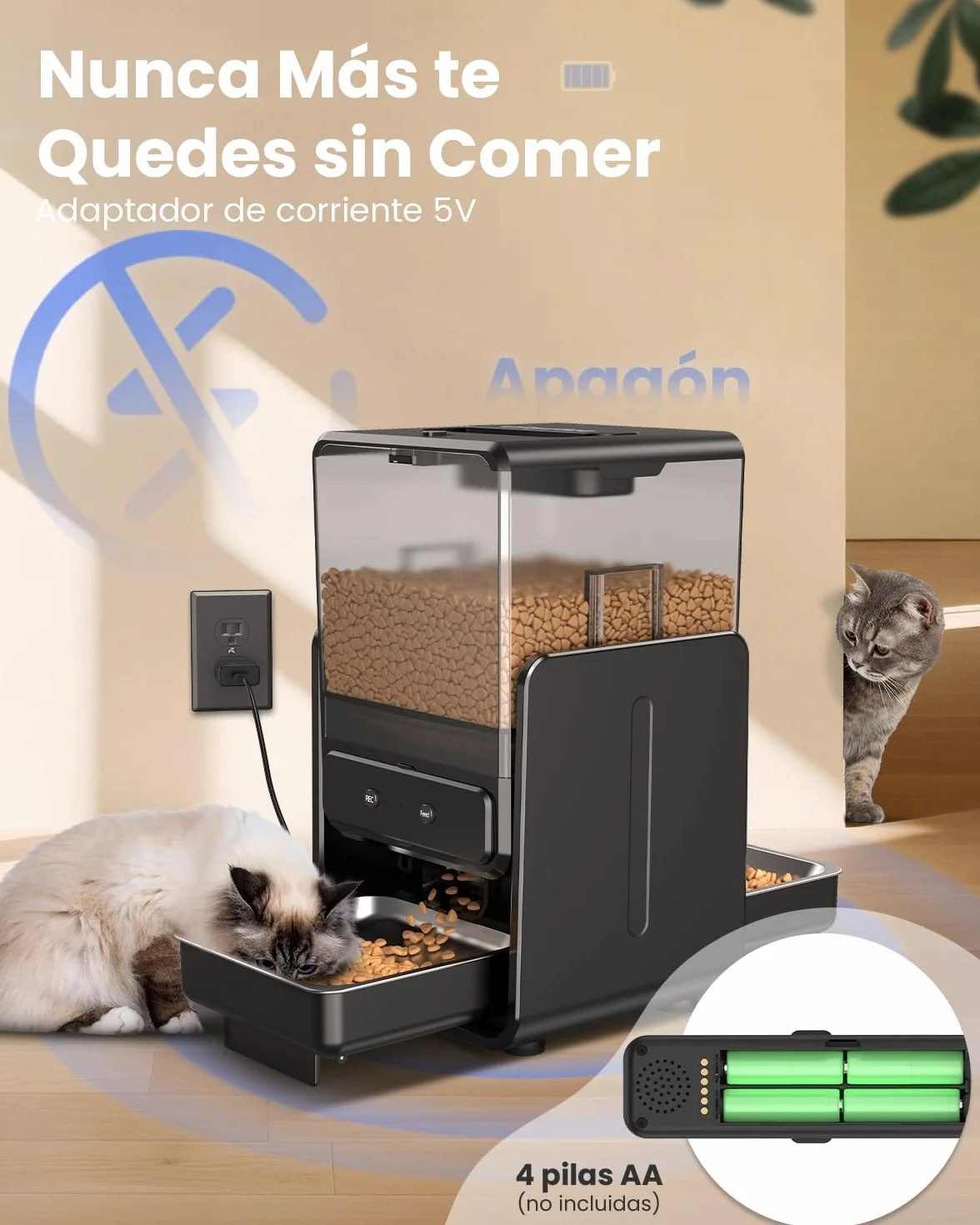 Comedero Gato Automatico con Control App para 2 Gatos, Altura Ajustable para Mascotas Pequeñas, Dispensador Comida Gatos de 5 litros para Alimento Seco, Grabadora de Voz