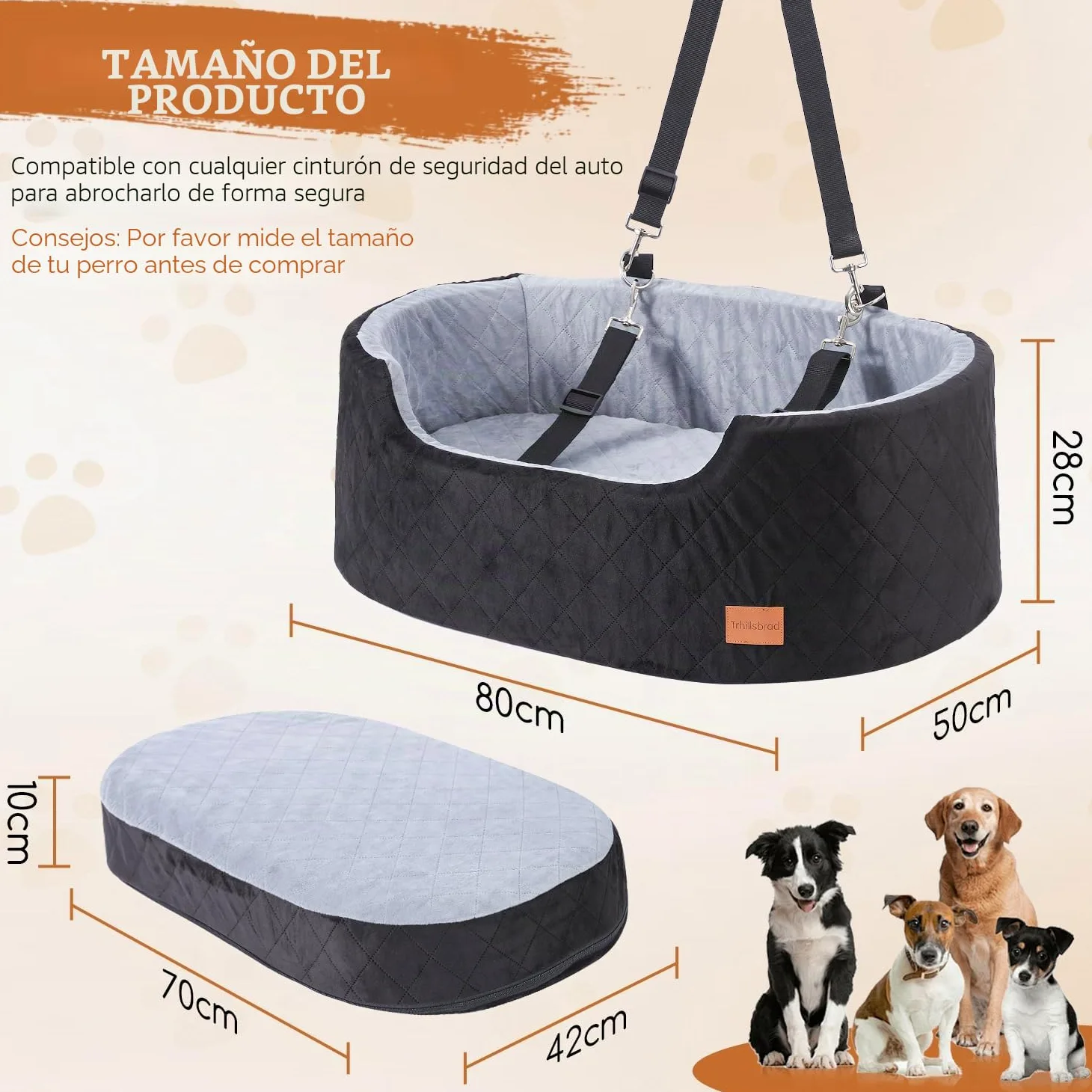 Asiento de Coche de 10 cm de Altura para Perros de Menos de 25 kg | Cojín de 70 x 42 x 10 cm, 2 correas de seguridad, asiento para coche para perros con funda extraíble y lavable