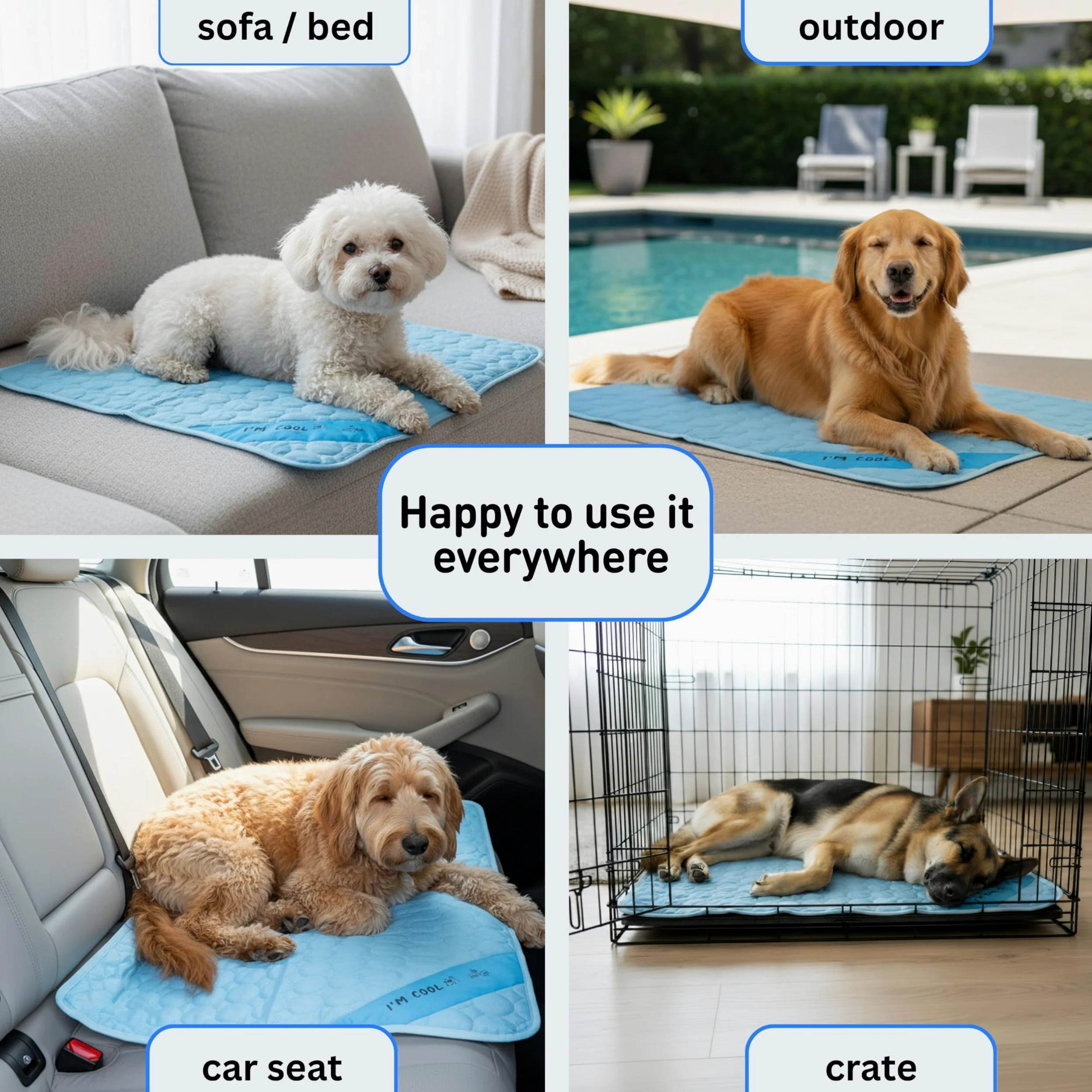 Inspector Tail Alfombrilla de Viaje y refrigeración automática + Bolsa de Cuerda, Lavable y portátil, Almohadilla Suave para Mascotas para Interiores o Exteriores Perros y Gatos para
