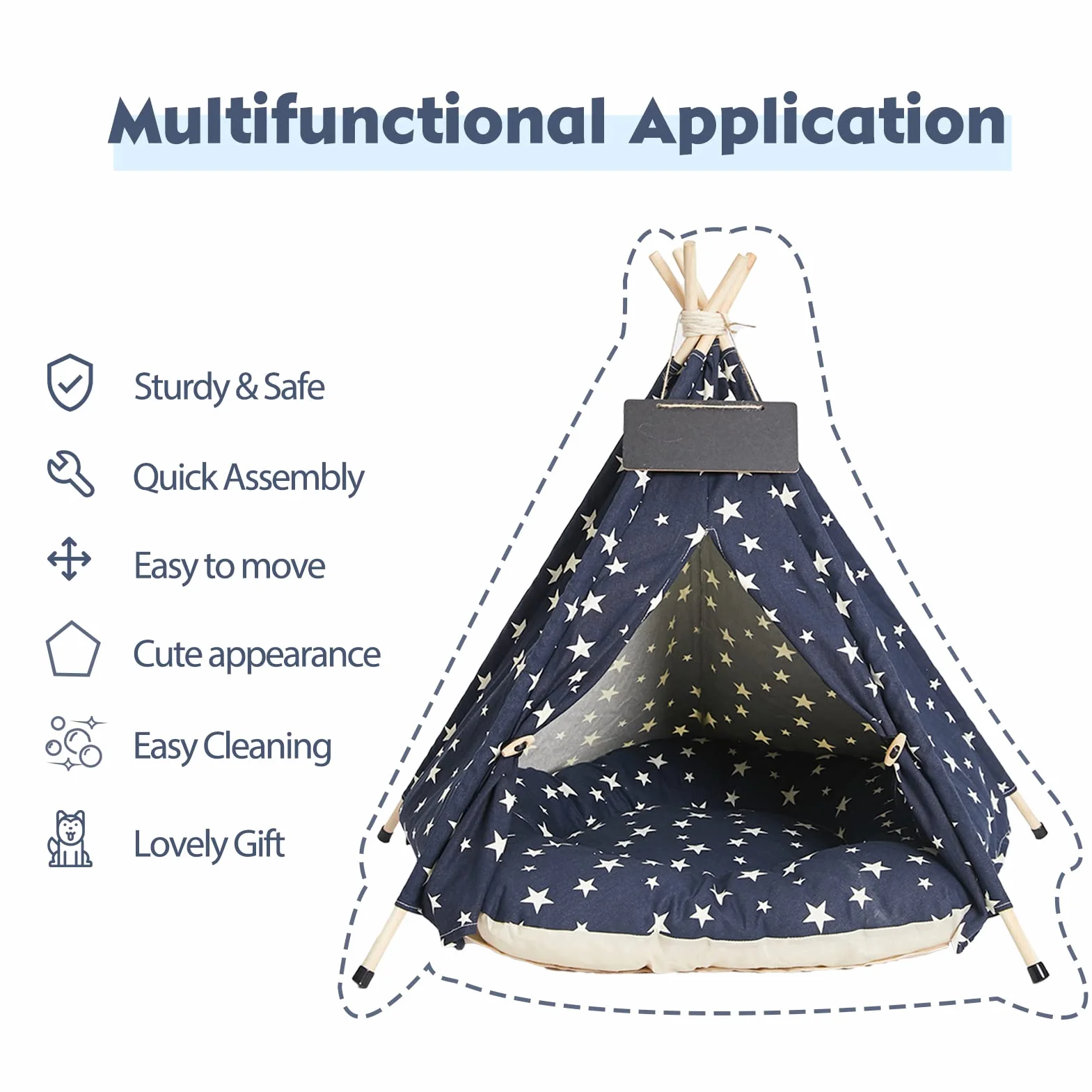 Tienda de Campaña Teepee-61cm Portátil Interior Perro Teepee Cama con Cojín Grueso, Lavable Azul Marino Estrellas Patrón Teepee Tienda Casa para Cachorro y Gato