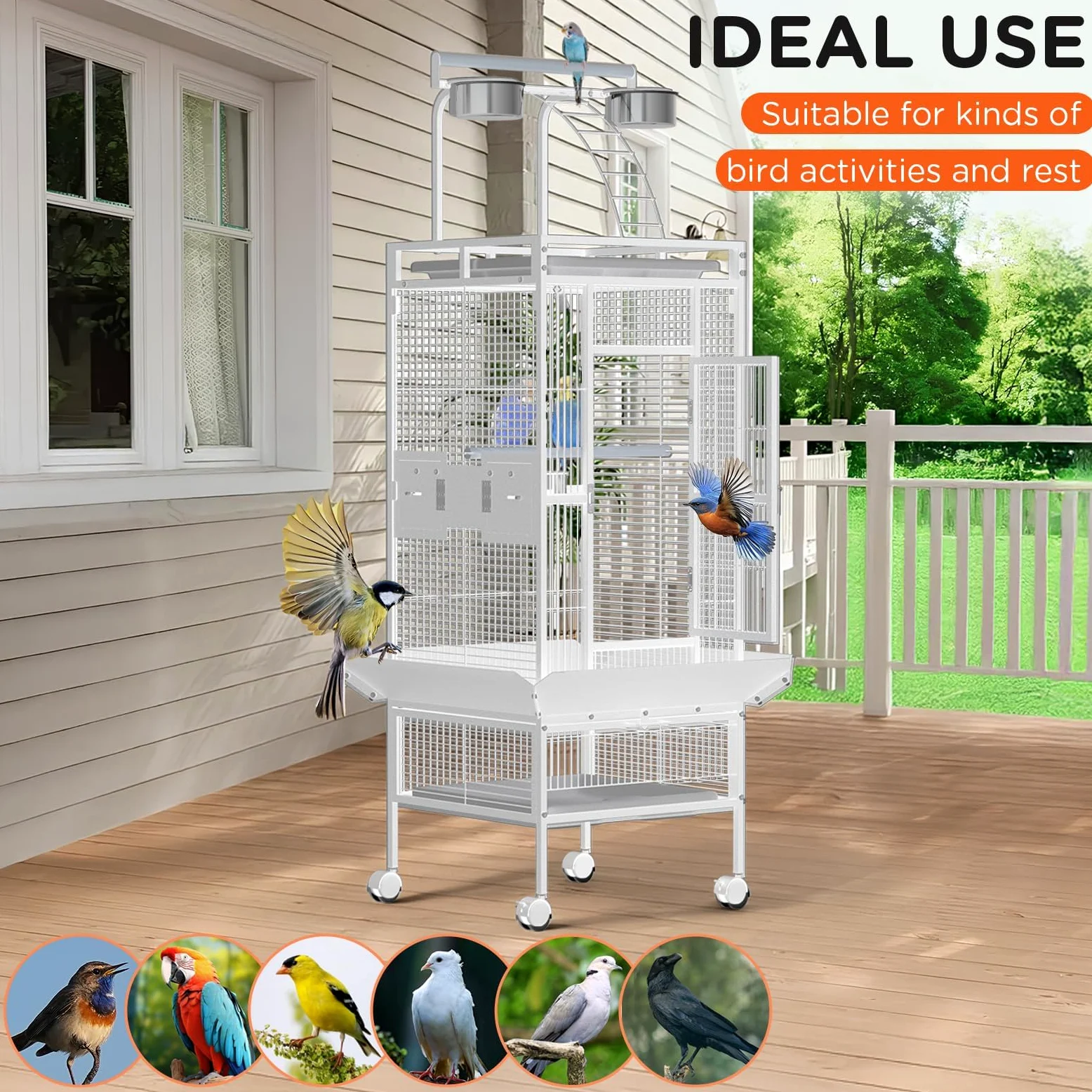 Garvee Jaula para loros gris africano, jaula grande para pájaros con soporte rodante, parte superior de juego y cuencos de acero inoxidable, jaula de pinzón para mini guacamayo, cacatúa, cacatúas