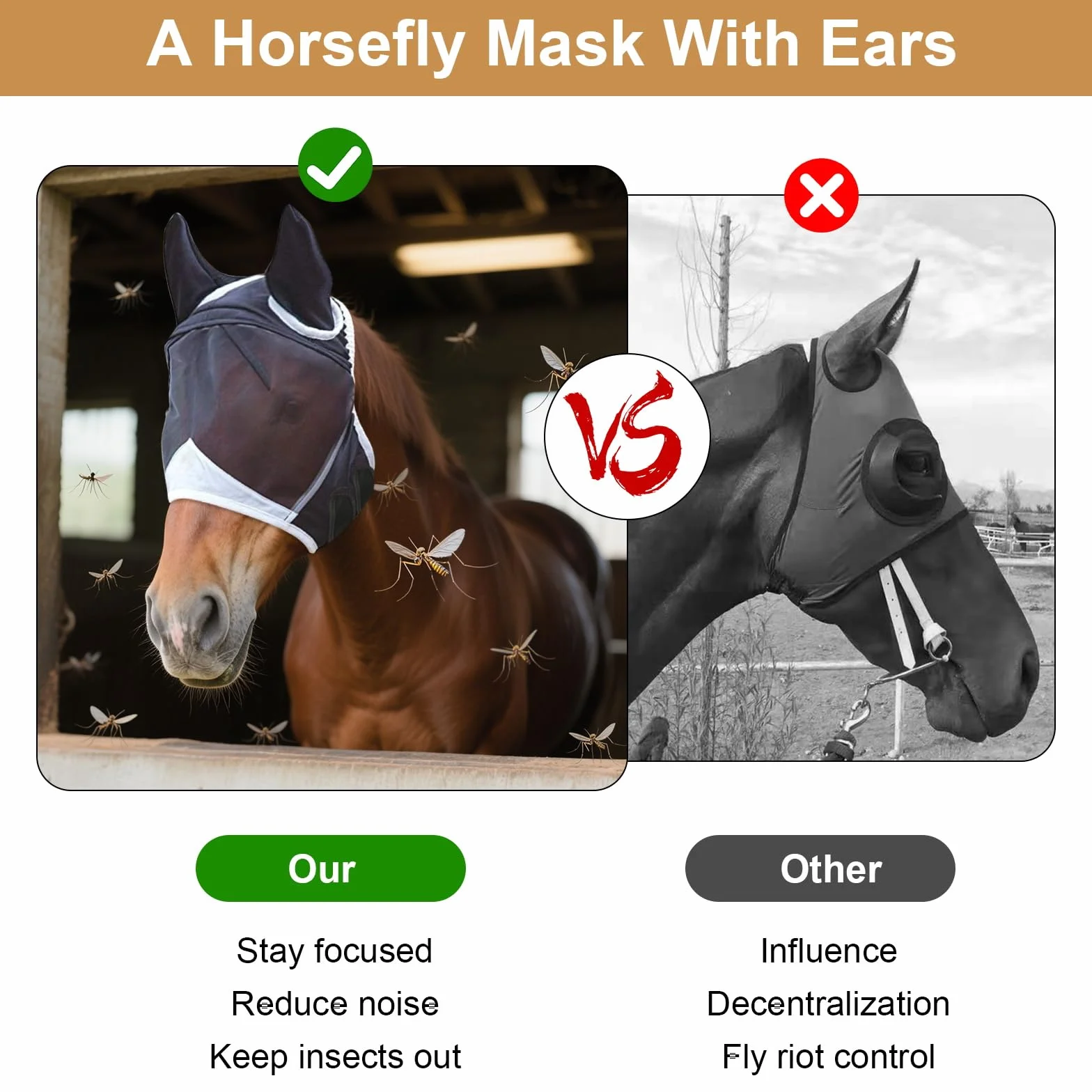 Máscara de mosca para caballo con protección UV, orejas de mosca, respirabilidad