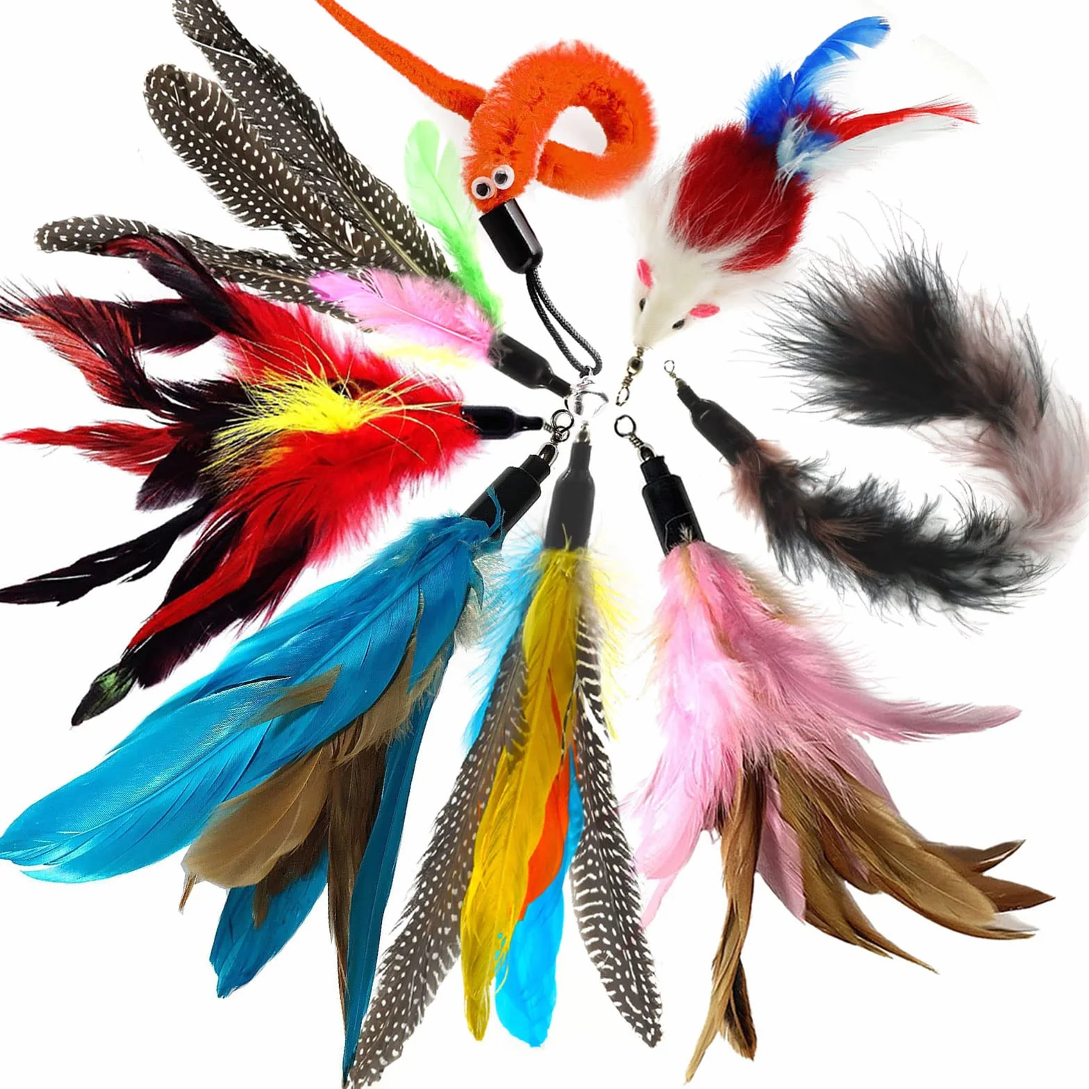 9 Piezas Juguete Plumas Gato,Juguetes para Gatos Caña Gato,1 Varita Retráctil,con 8 Repuestos de Plumas, Pájaros y Ratones