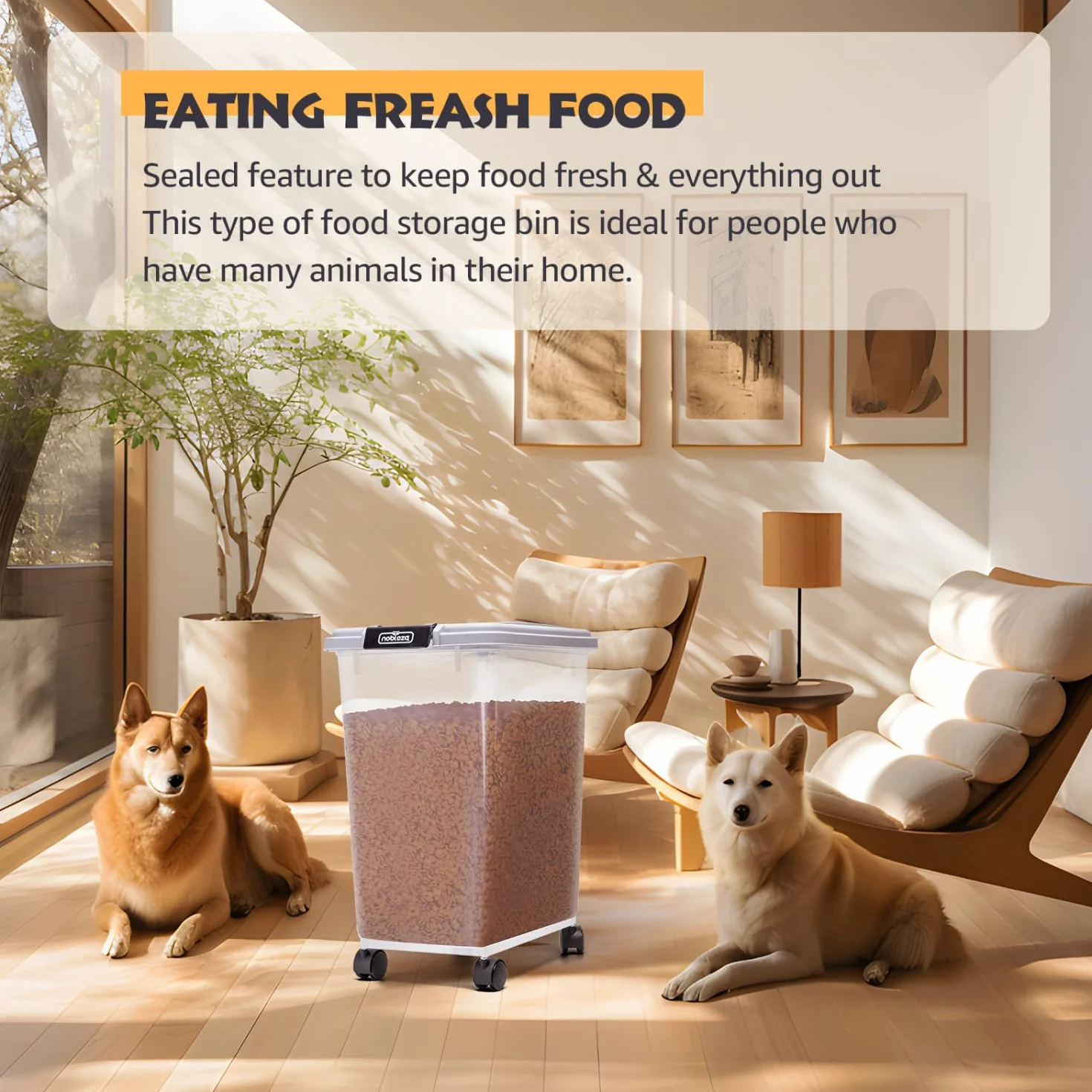 Nobleza - 2 Piezas Contenedor de Comida para Mascotas 40L, Mascotas Caja de Alimentos con Ruedas Contenedor, Tapa abatible, hermética, Transparente, Ruedas y Pala, para Comida para Perros y Gatos