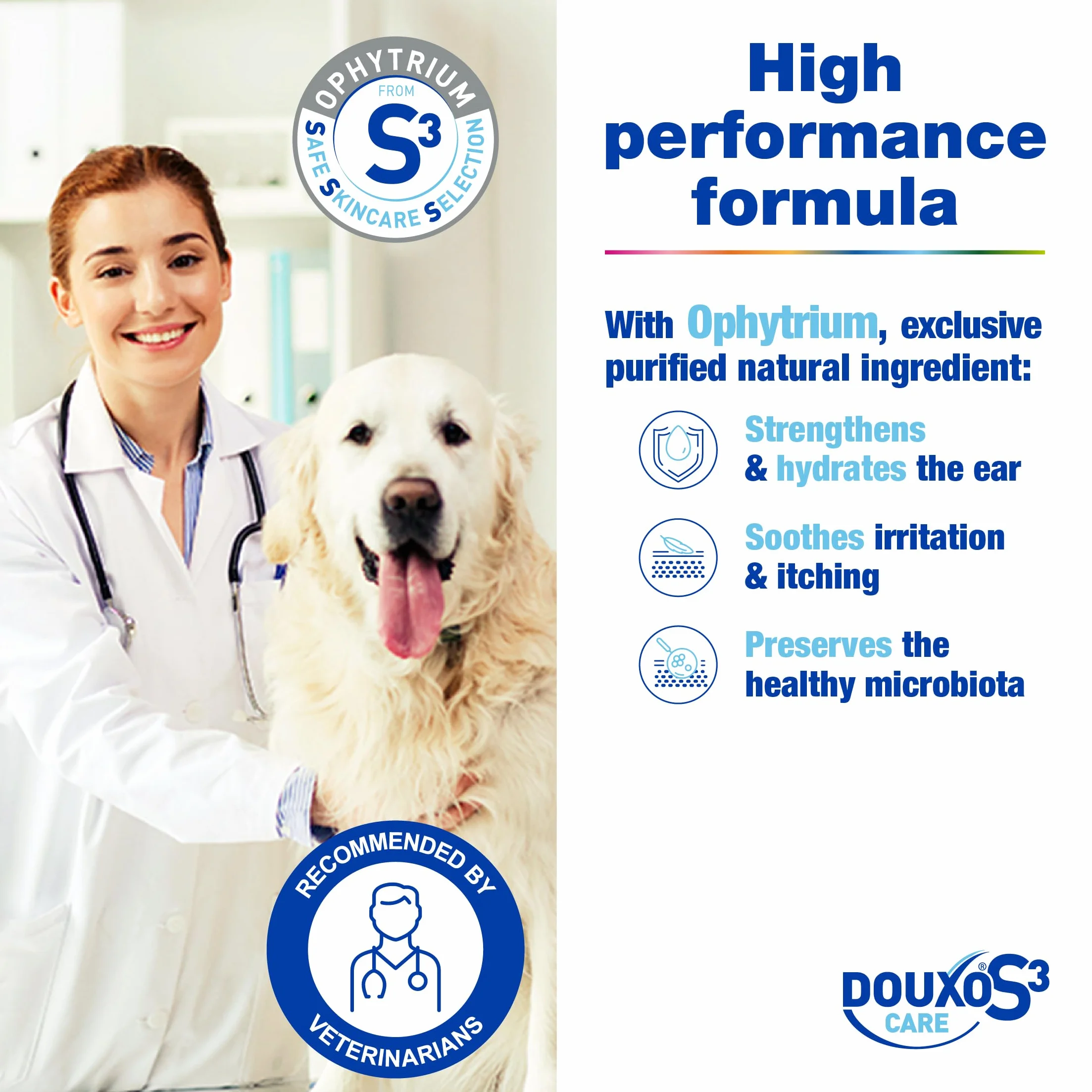 DOUXO® Limpiador de oídos S3 CARE de 120 ml, recomendado por veterinarios y clínicamente probado, para perros y gatos, uso suave, regular, limpia y elimina la cera, calma, protege e hidrata las orejas