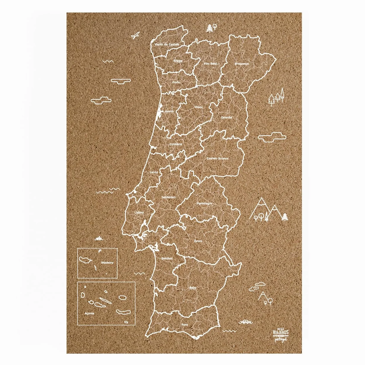 Mapa de corcho de Portugal 60x40cm blanco