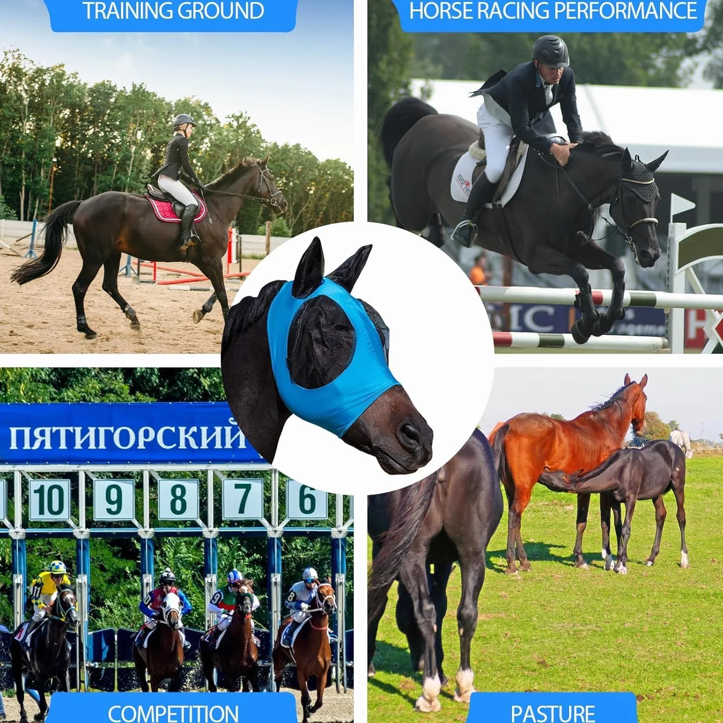 Máscara de Mosca Azul para Caballos con Orejas, Protección UV y Moscas, Malla Transpirable