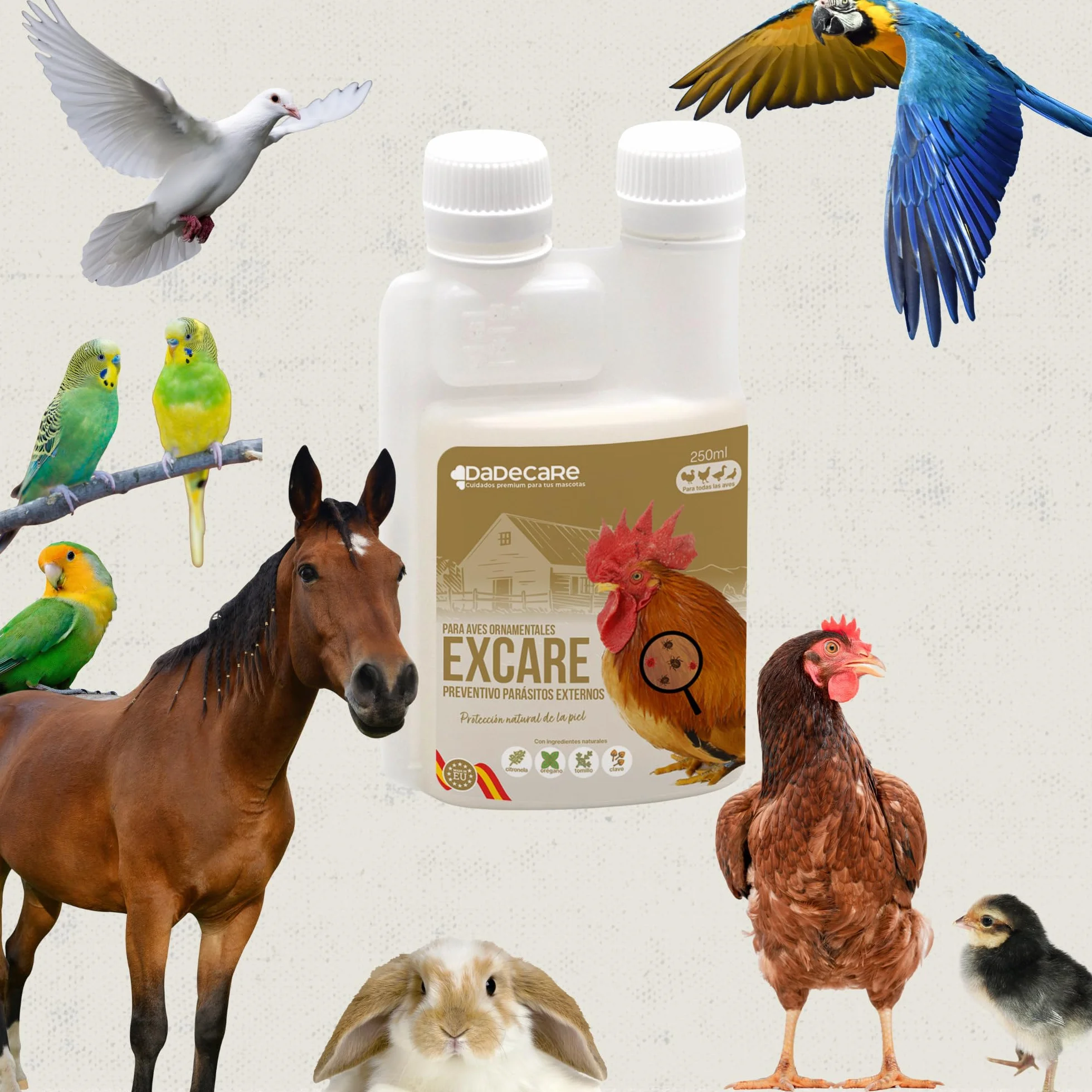 Preventivo Parasitos Natural 250 ml - Gallinas, Aves de Corral y Exóticas - Extracto de Citronela y Clavo - Fórmula Natural - Excare