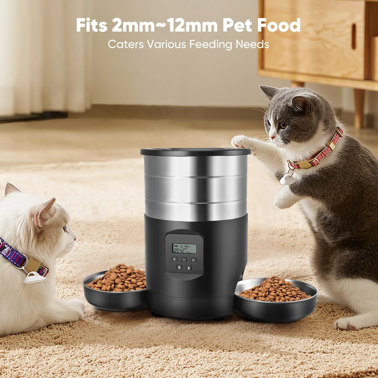 Comedero Automático Gatos 5L con 2 Cuencos, WiFi 2.4G & App Temporizador, Dobles Cuencos Interior Comedero Inteligente, Alimentación Doble con Control de Botones