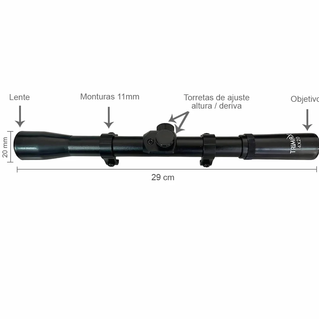 Mira telescópica TRIMAX 4X20 para rifles y escopetas de aire comprimido con montura 11mm