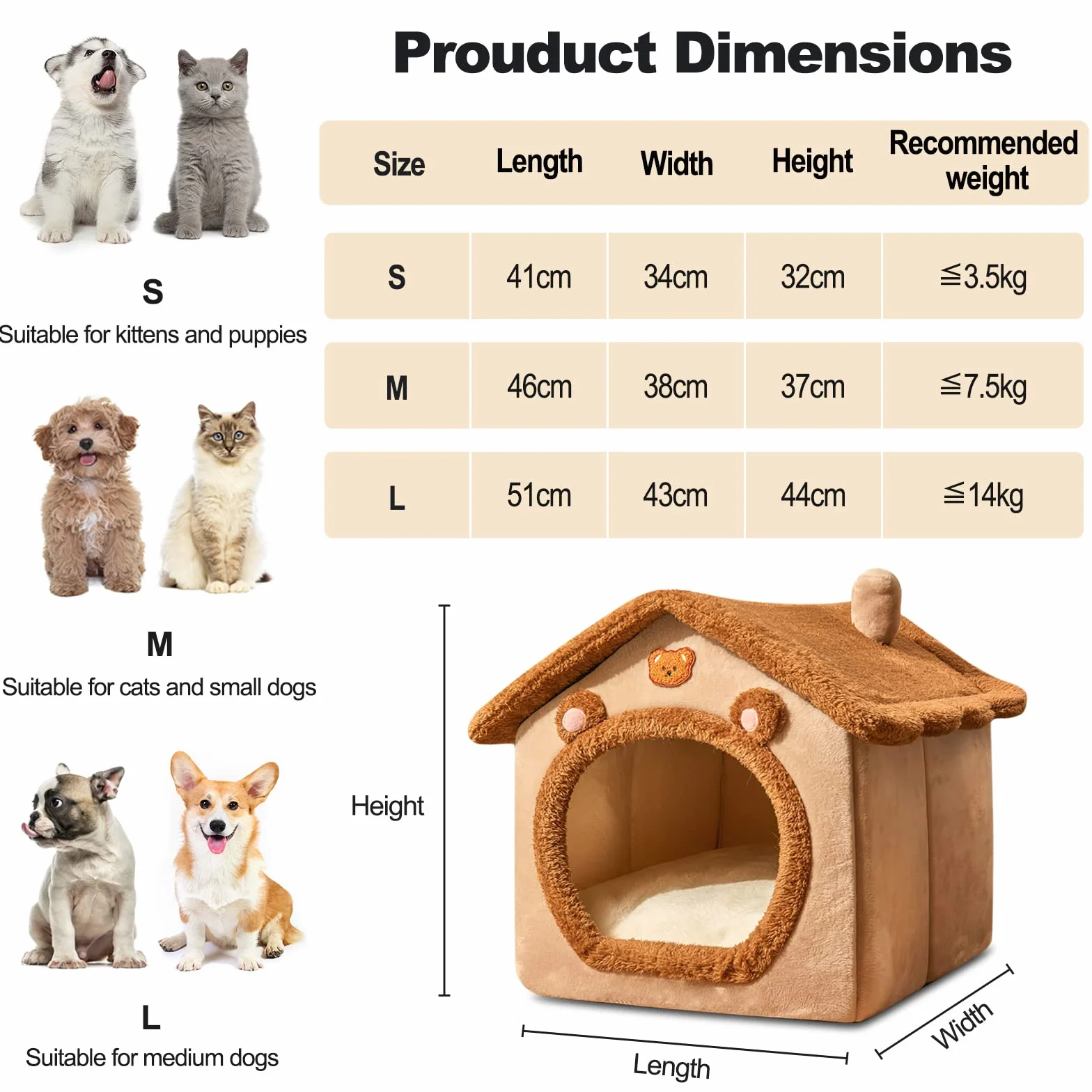 Cama de la cueva del gato, cama lavable para perro, casa cálida y acogedora, plegable cómoda casa para gatos para mascotas, cama para perros con cojín extraíble (L, marrón)