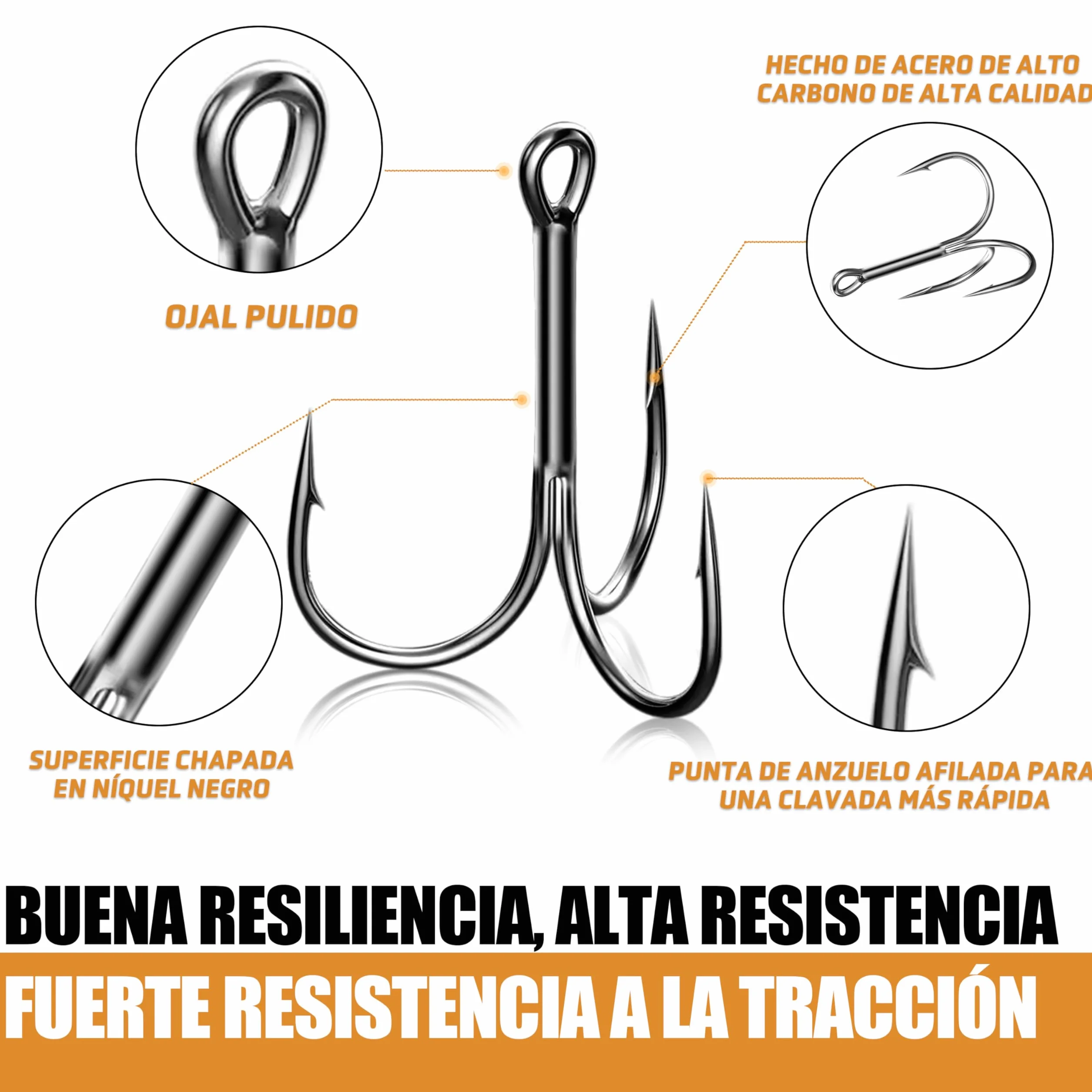 Anzuelos de Pesca Triples de Acero de Alto Carbono, Curvado Redondo, Afilados y Resistentes