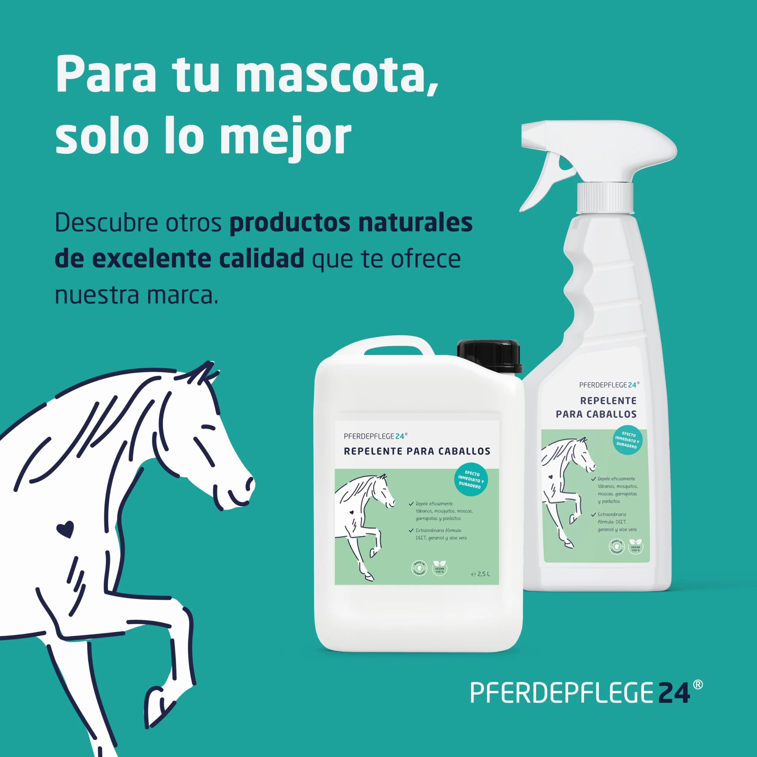 PFERDEPFLEGE24 Spray Abrillantador y Desenredante para Cola y Crin de Caballos - 500ml y 1L - Brillo Intenso, Facilidad para Peinar y para un Pelaje Saludable - Desenredante para caballos