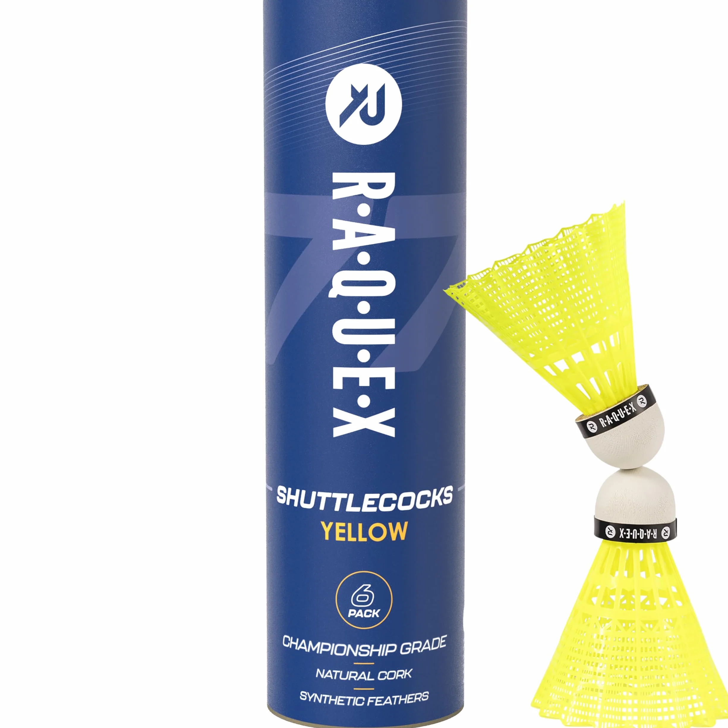 Raquex Tubo de 6 Volantes de Bádminton de Nailon y Corcho Natural, 3 Velocidades, Blanco/Amarillo