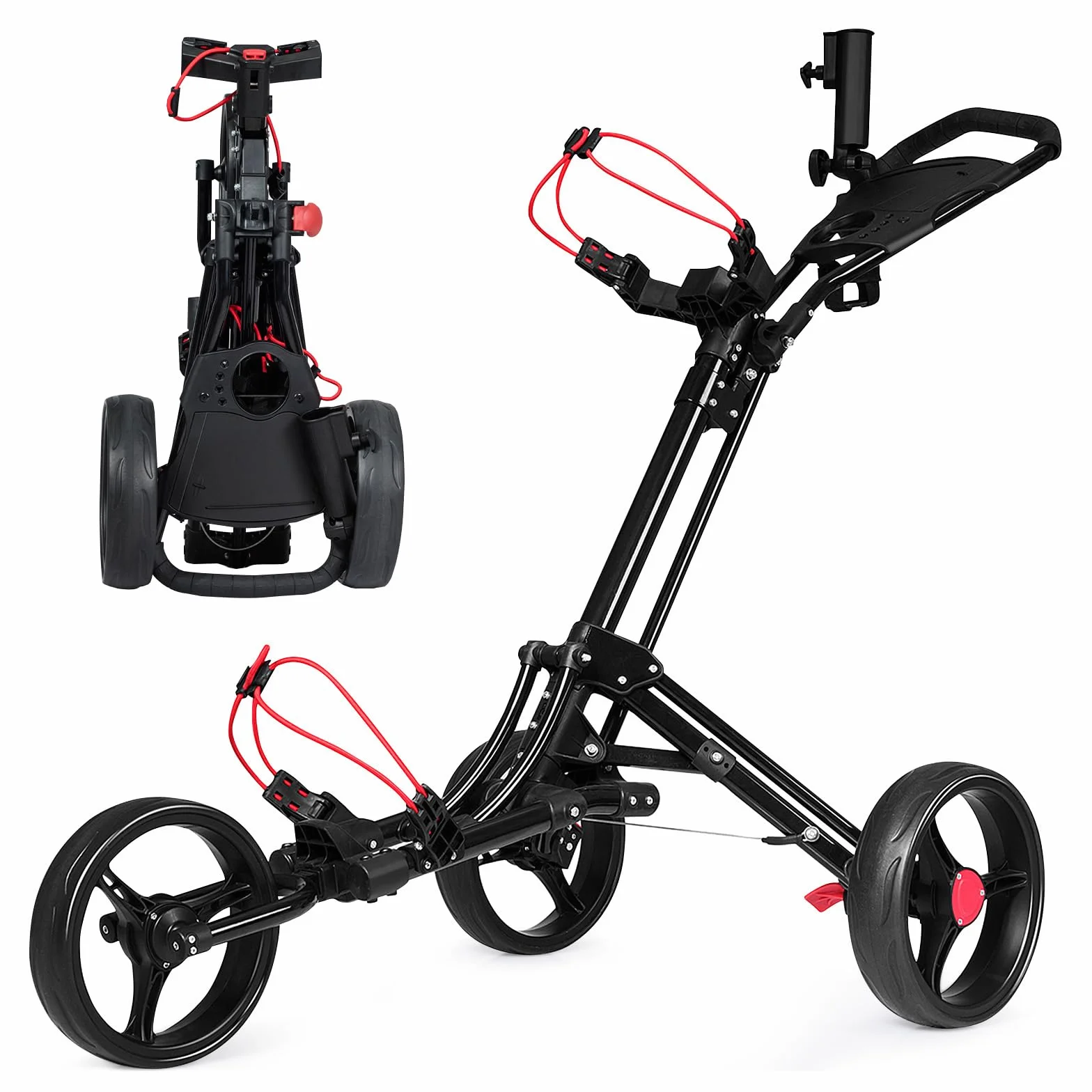 COSTWAY Carrito de Golf 3 Ruedas Plegable Ajustable Aluminio con Paragüero Negro
