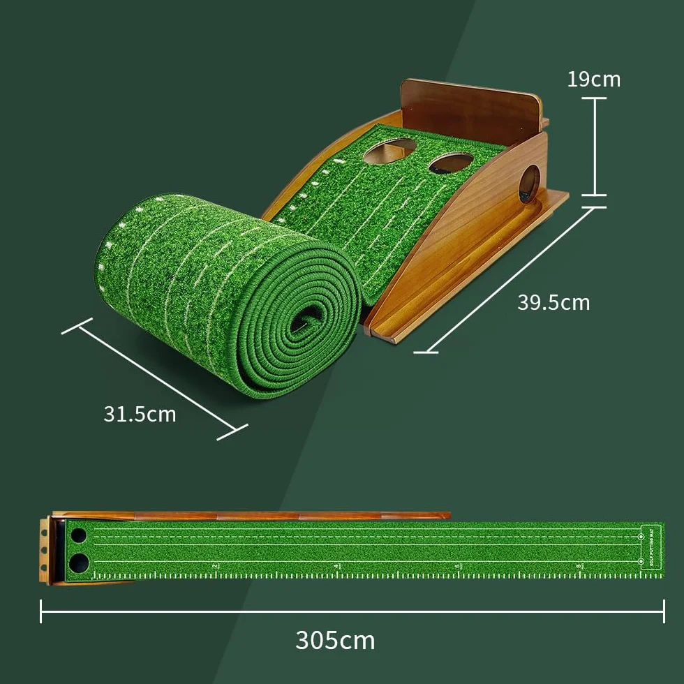 Alfombra de Golf para Putting con Retorno Automático de Bola, Entrenador de Madera Premium