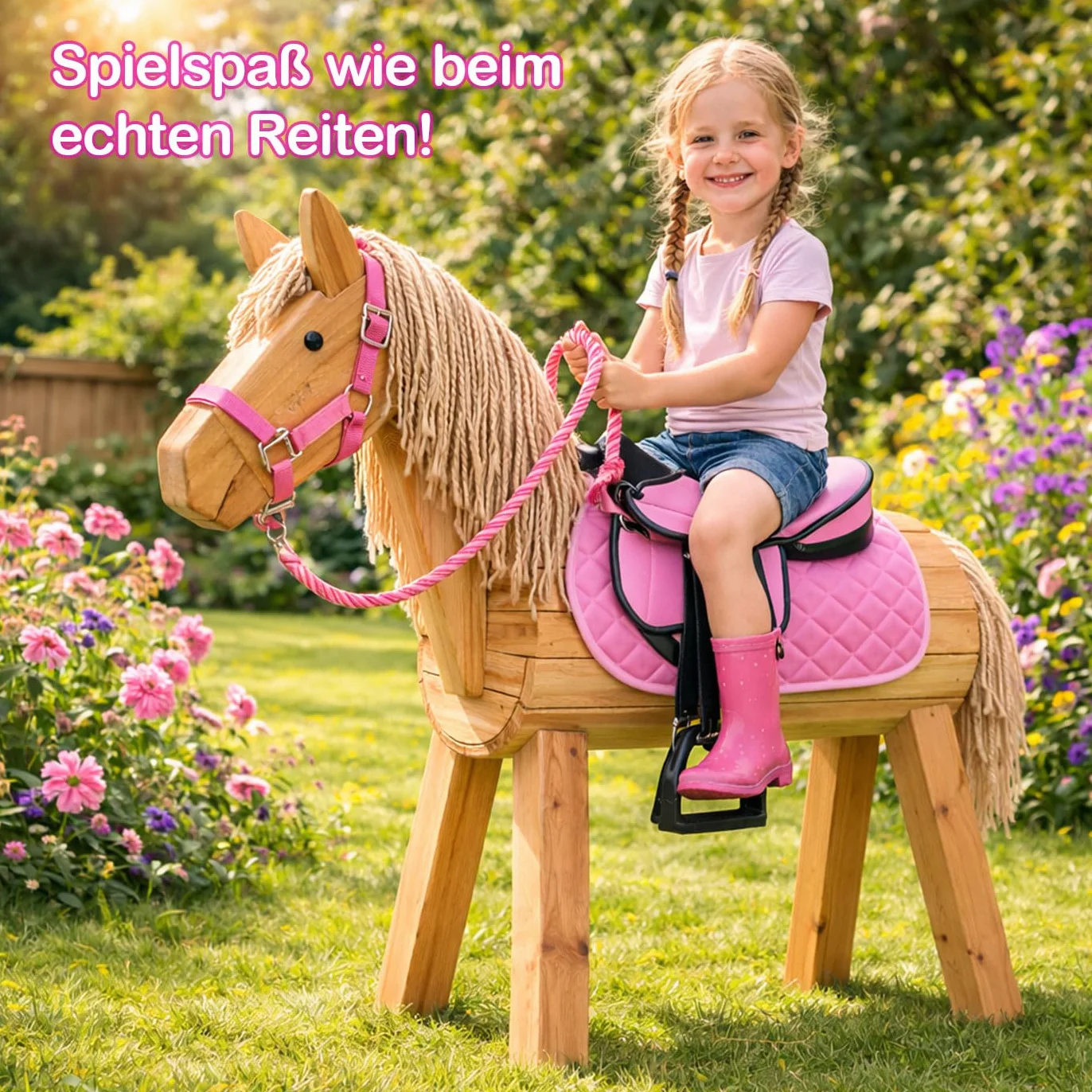 Brama West Juego de silla para shetty infantil "My Little Pony" | Silla para shetty, caballo de madera, caballo de peluche | con funda de silla, cinturón de silla, estribos y correa de estribo - Rosa