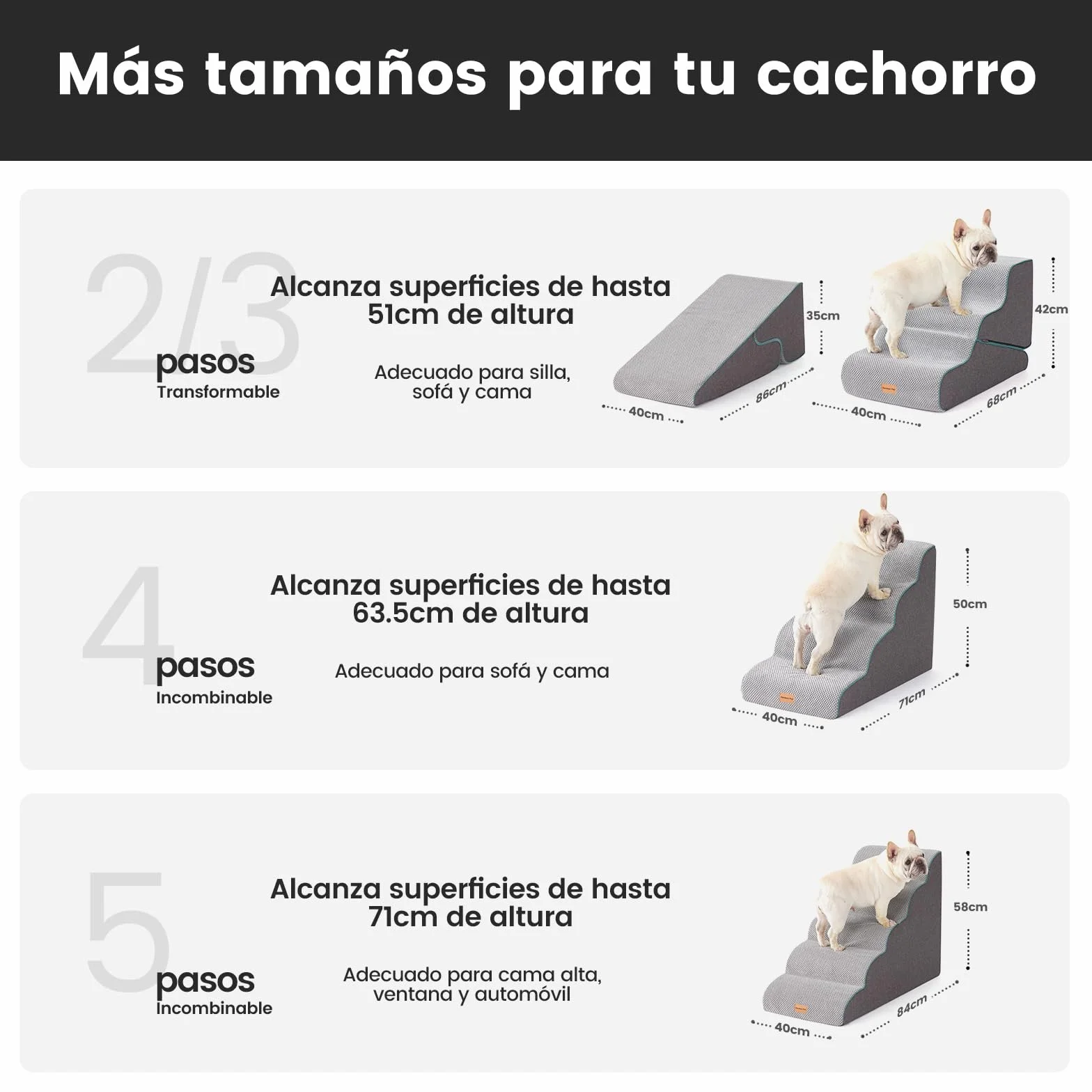 Gardner Pet Escaleras para Perros 2 en 1, Altura 42cm, con Tres Peldaños de Espuma de Alta Densidad y Diseño Antideslizante para Facilitar el Acceso a Sofás y Camas - Gris