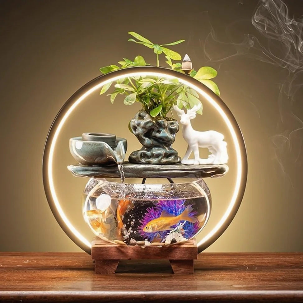 Acuario con anillo de luz LED, acuario sin cambio de agua, acuario de escritorio con adornos de cerámica, adecuado para el hogar u oficina (azul)