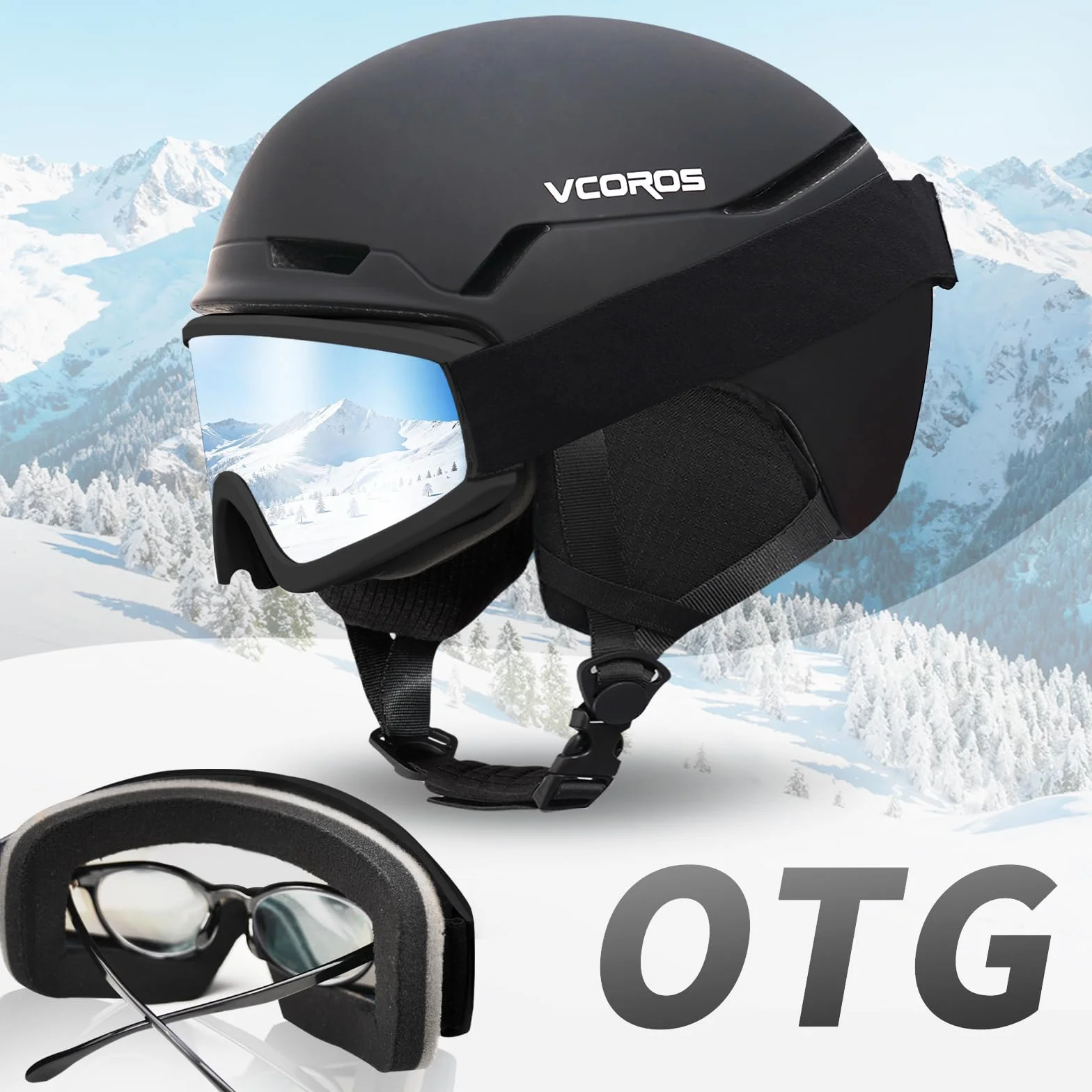 Casco de Esquí Kit con Gafas de Esquí, Capucha Transpirable UV, Orejeras Extraíbles para Hombre Mujer