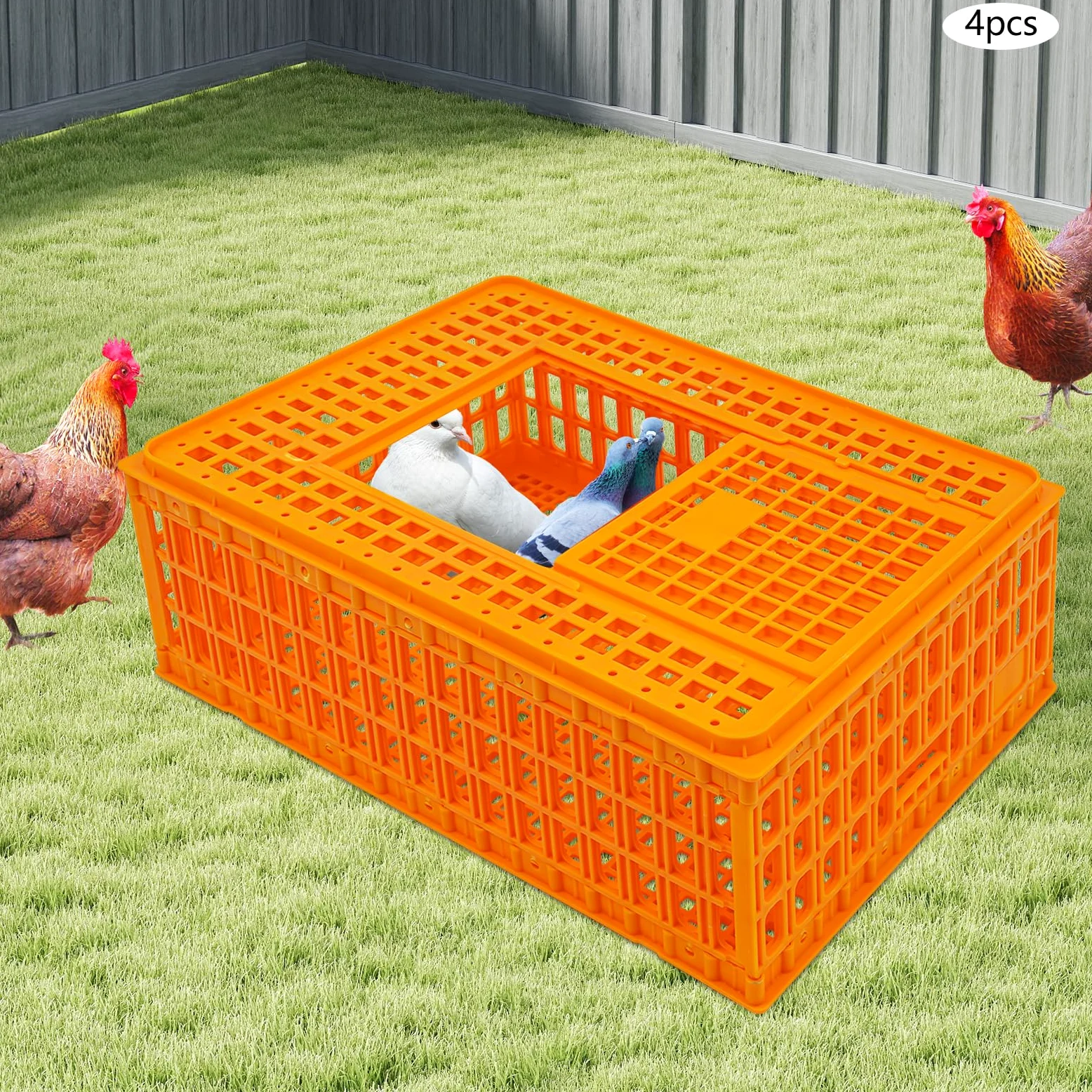 4 unidades de transporte para aves de corral, jaula de transporte de pollo con puerta corredera y asas de transporte, cesta para aves de corral, pollo, pájaro, pato, ganso, capacidad de carga de 200