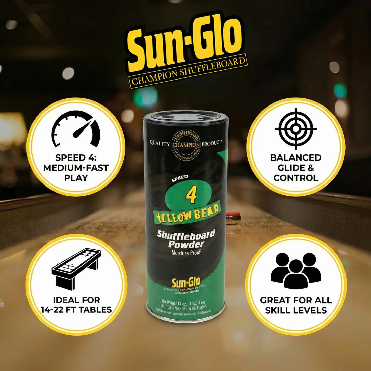 Sun-GLO Shuffleboard Wax 16 oz Yellow #4 Speed with Broom Bundle