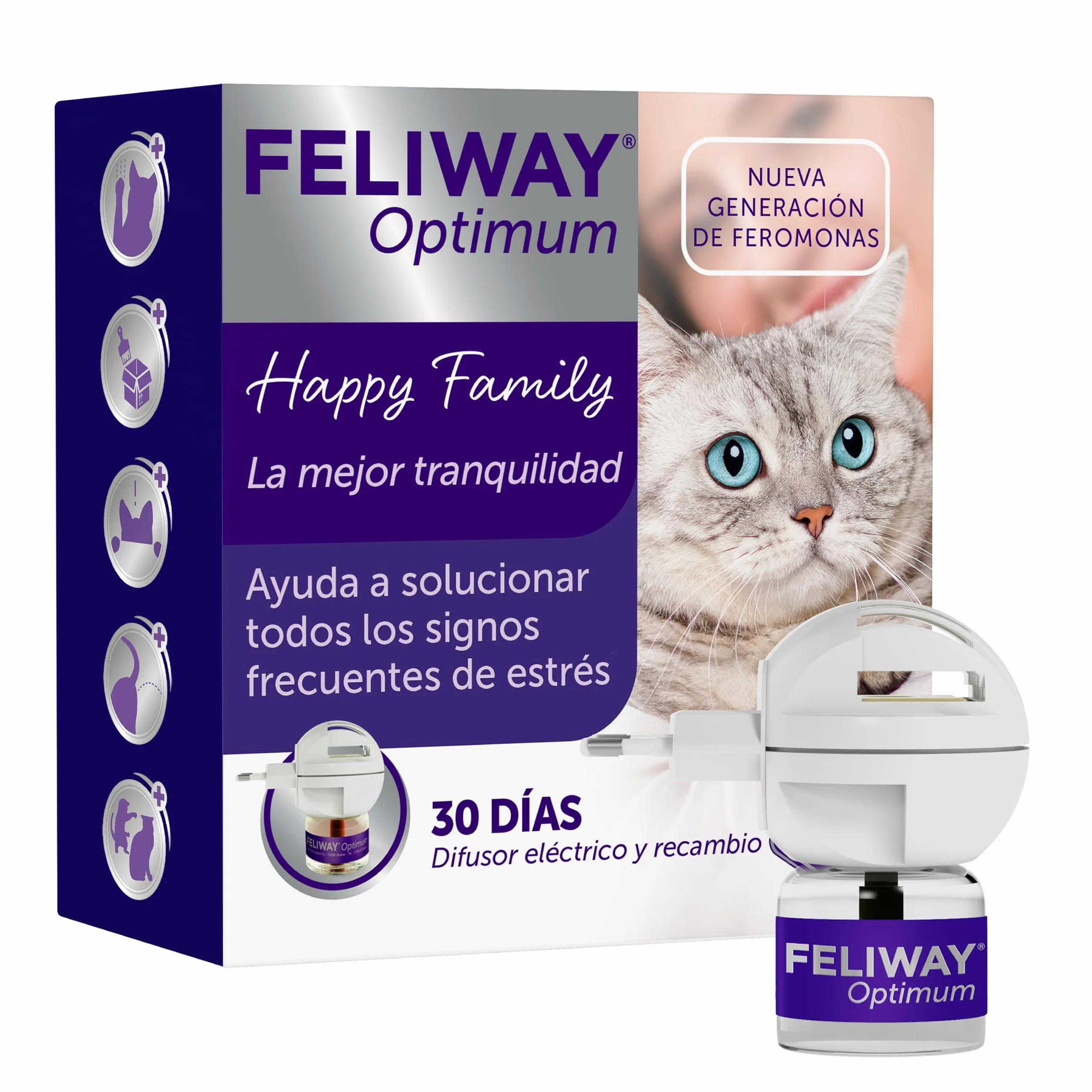 FELIWAY Optimum - Difusor + Recambio de feromonas calmantes para gatos (30 días, 48 mililitro) - Ayuda a reducir los signos más comunes de estrés. Recomendado por veterinarios. La mejor tranquilidad