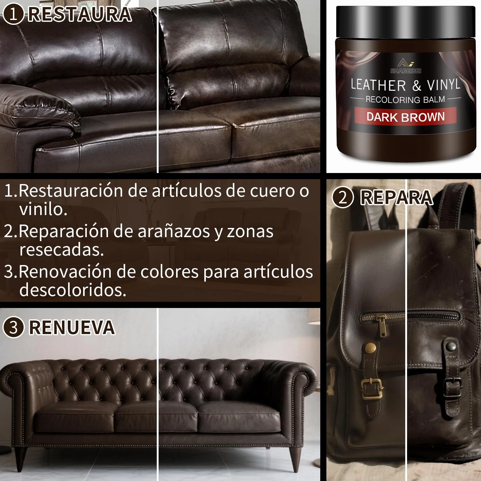 Kit Reparación Cuero Marrón Oscuro, 200ml – Cuidado para Sofás, Asientos de Coche y Bolsos – Reparación de Arañazos y Tinte para Cuero Sintético y Natural