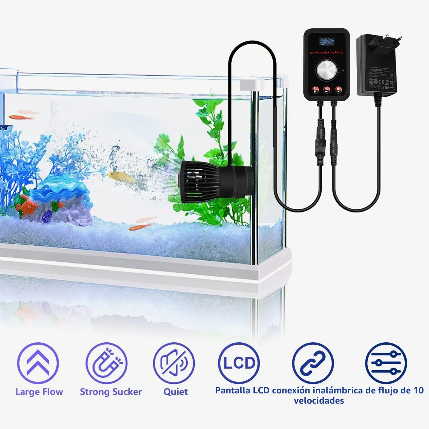 CONQUERALL 430-2160GPH 15W Creador de olas para acuarios 24V DC Creador de olas para peceras Tecnología de ondas sinusoidales Gran caudal y ultra silencioso Apto para agua dulce y salada