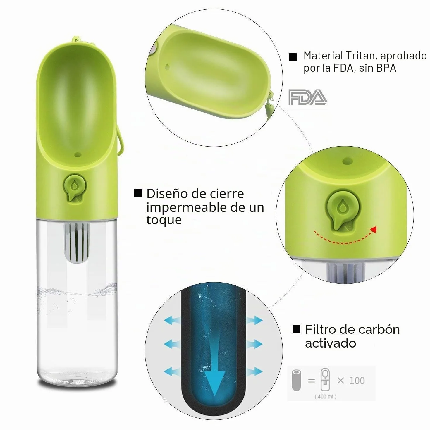Botella de Agua para Perros para Caminar-Dispensador de Agua para Mascotas Moda Antibacterial portátil para Perros Viaje Botella para Beber Agua(Verde)