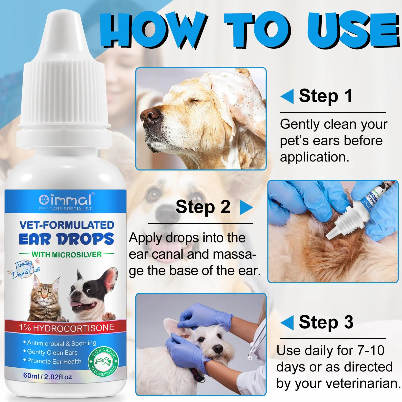 Gotas para los oídos para gatos, perros, mascotas pequeñas, gotas antisépticas para los oídos para animales, picazón y olores, limpiar, proteger, combate infecciones y calma la irritación, detiene los