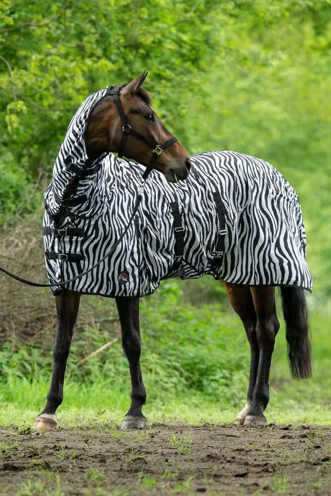 HKM Zebra Manta Anti-Moscas con Cuello Blanco/Negro 145