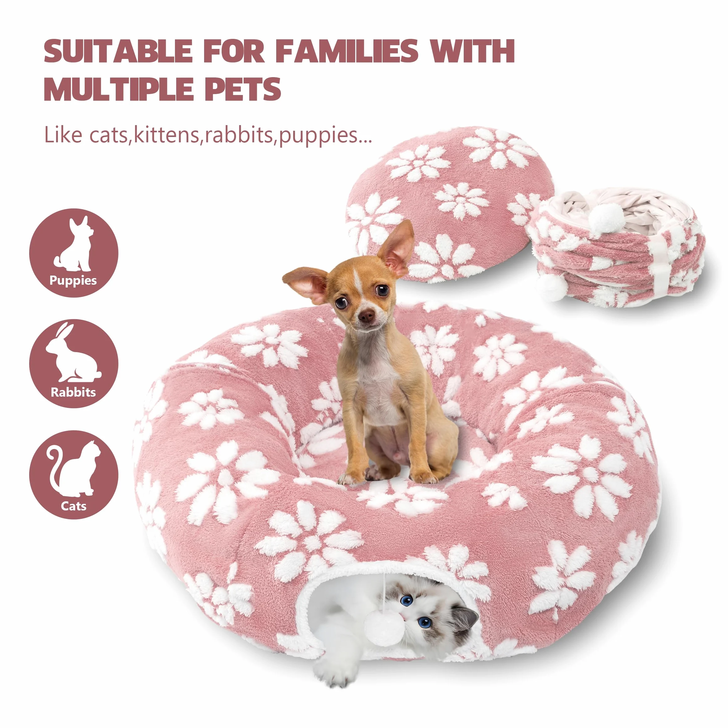 Túnel para gatos de interior, bonita cueva para gatos Peekaboo con bolas colgantes, cama de túnel de dona para mascotas con alfombrilla circular para cachorros, gatitos, conejos, flores rosas