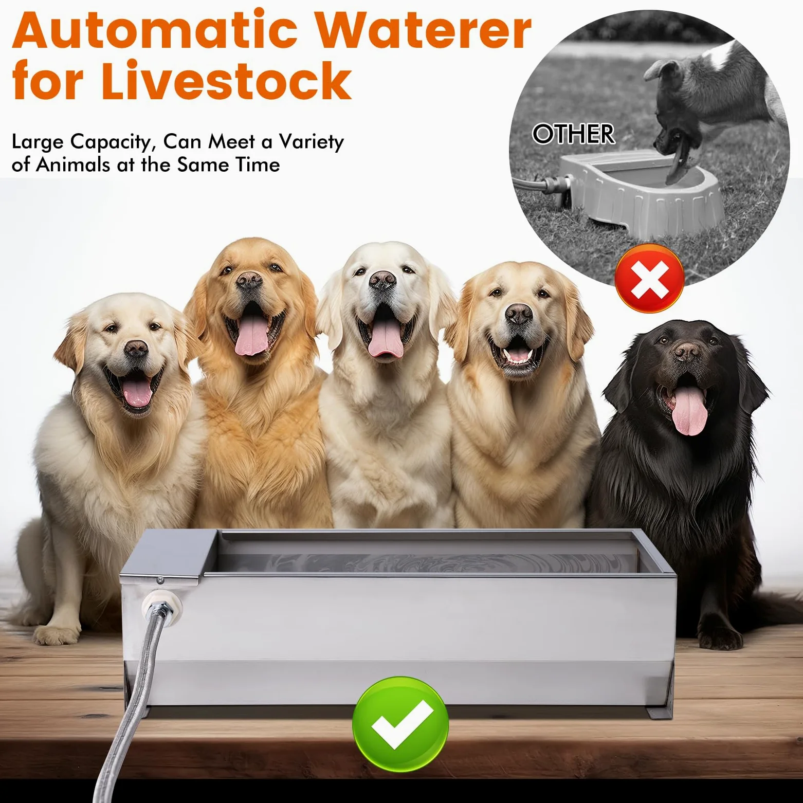 Canal automático de agua para ganado, tanque de agua para perros de gran capacidad, dispensador de cuenco de agua potable de acero inoxidable con kit de válvula flotante para caballo, cabra,