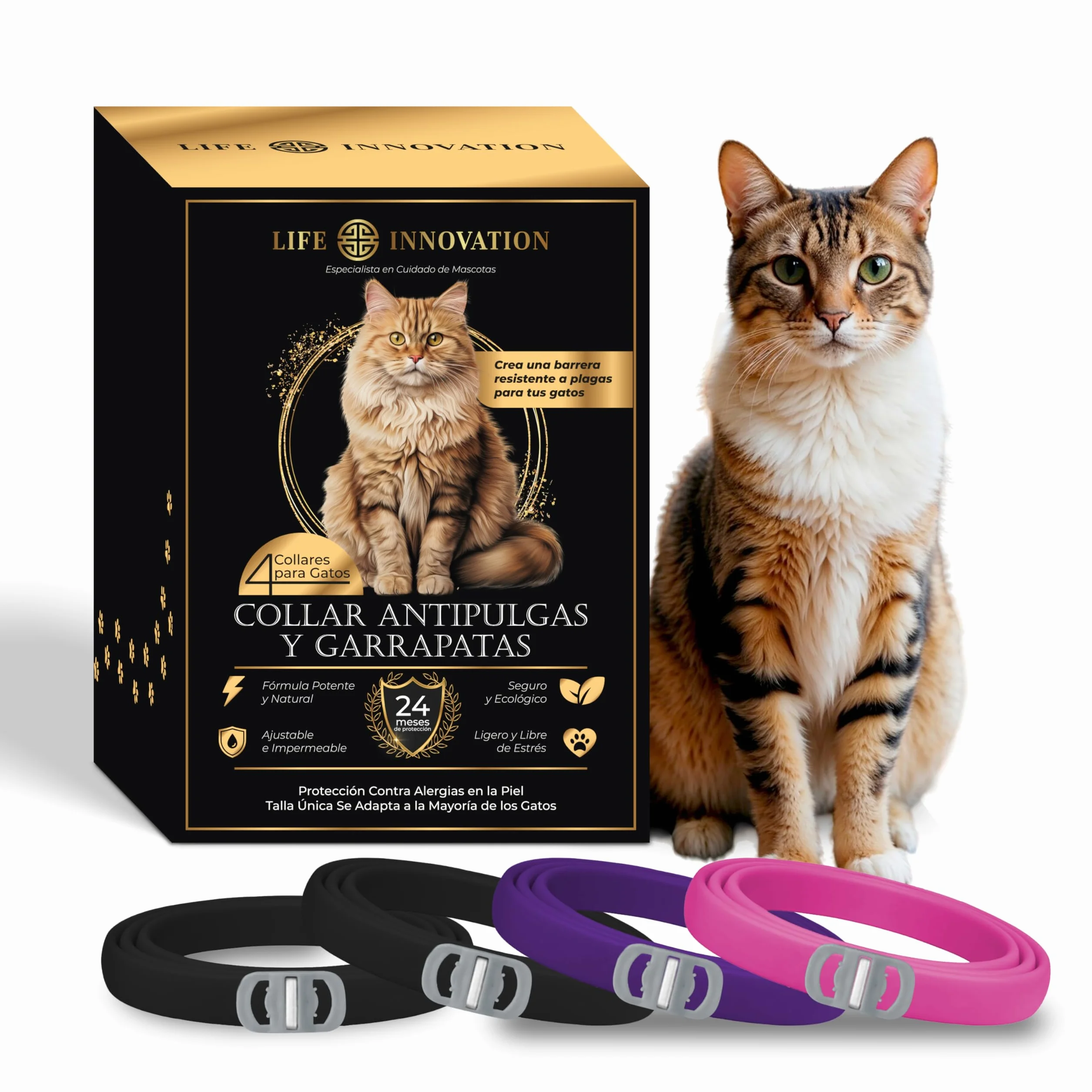 Pack de 4 Collares Antiparasitarios para Gatos, 24 Meses de Protección contra Pulgas, Garrapatas y Mosquitos – 100 % Natural, Impermeable, Ajustable, para Todos los Tamaños.