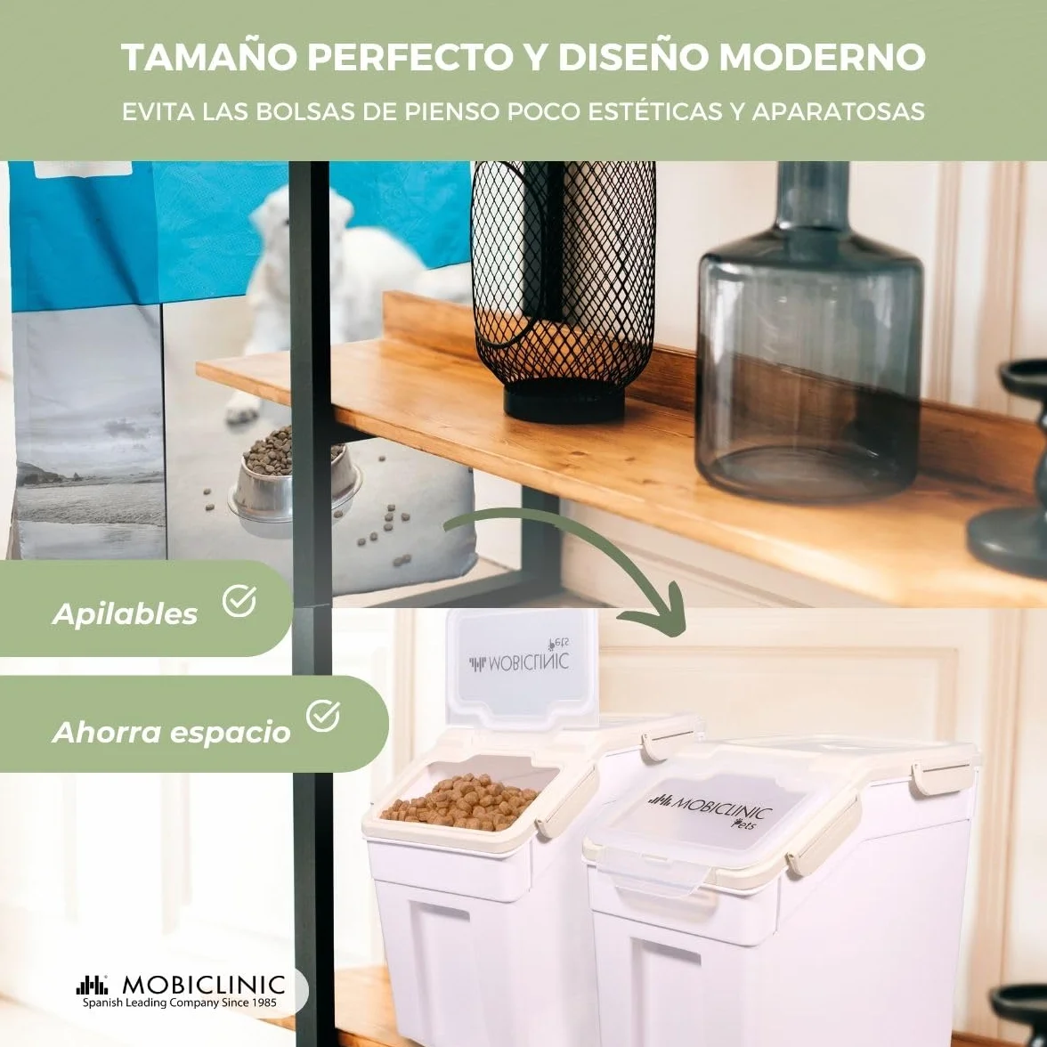 Mobiclinic®, Contenedor Pienso, Pala y Vaso Medidor, Capacidad 20 L/8 Kg, para Mascotas, Cierre Hermético, 23x25,5x36,5cm, con Ruedas, Ventana Transparente, Preservación de Frescor, Feedpet