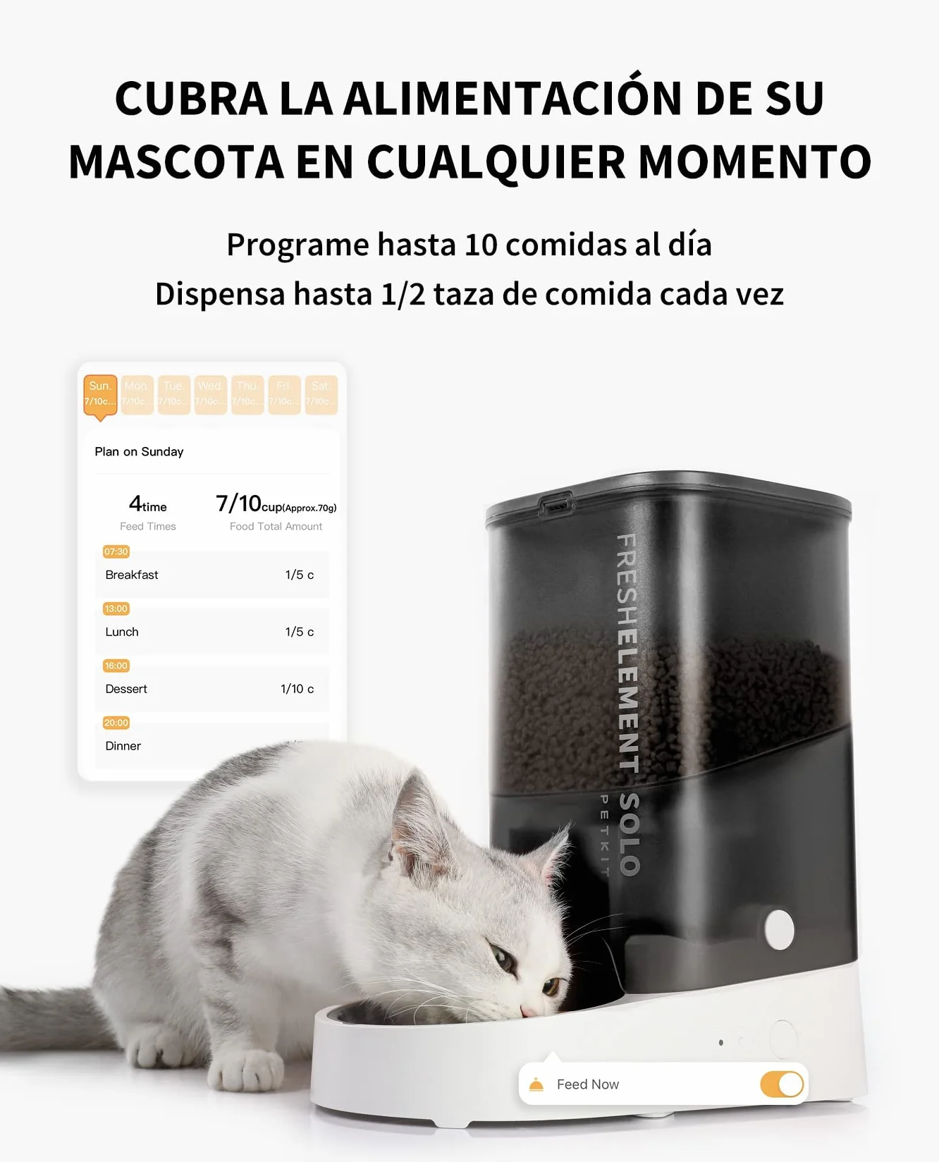 PETKIT Comedero Gato Automatico, 2.4G WiFi, 3L Dispensador Comida Gatos/Perros, Control de App, 1-10 Comidas al Día, Liofilizados Compatibles, Cubeta de Acero Inoxidable, Cable USB (Blanco Leche)