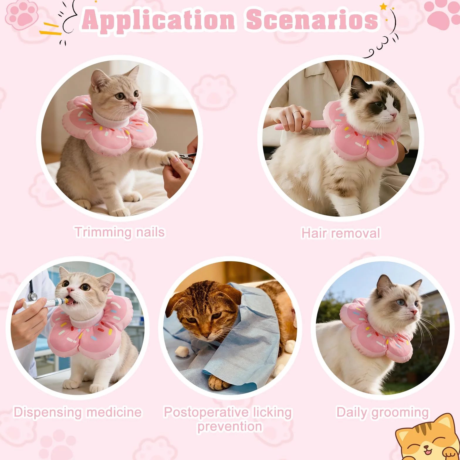 QKURT Collar de Recuperación para Gato, Collar Ajustable para Gatos Después de La Cirugía, Evitar Picaduras de y Arañazos Lesiones y Lamido, El patrón de Rosquilla, Forma de Flor
