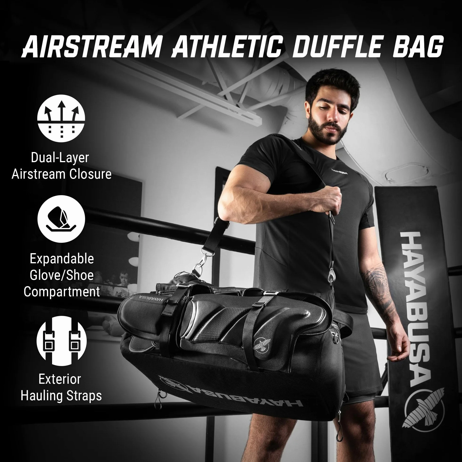 Hayabusa Airstream Bolsa de gimnasio negra 50 l 7 bolsillos con cremallera para viajes boxeo MMA BJJ kickboxing