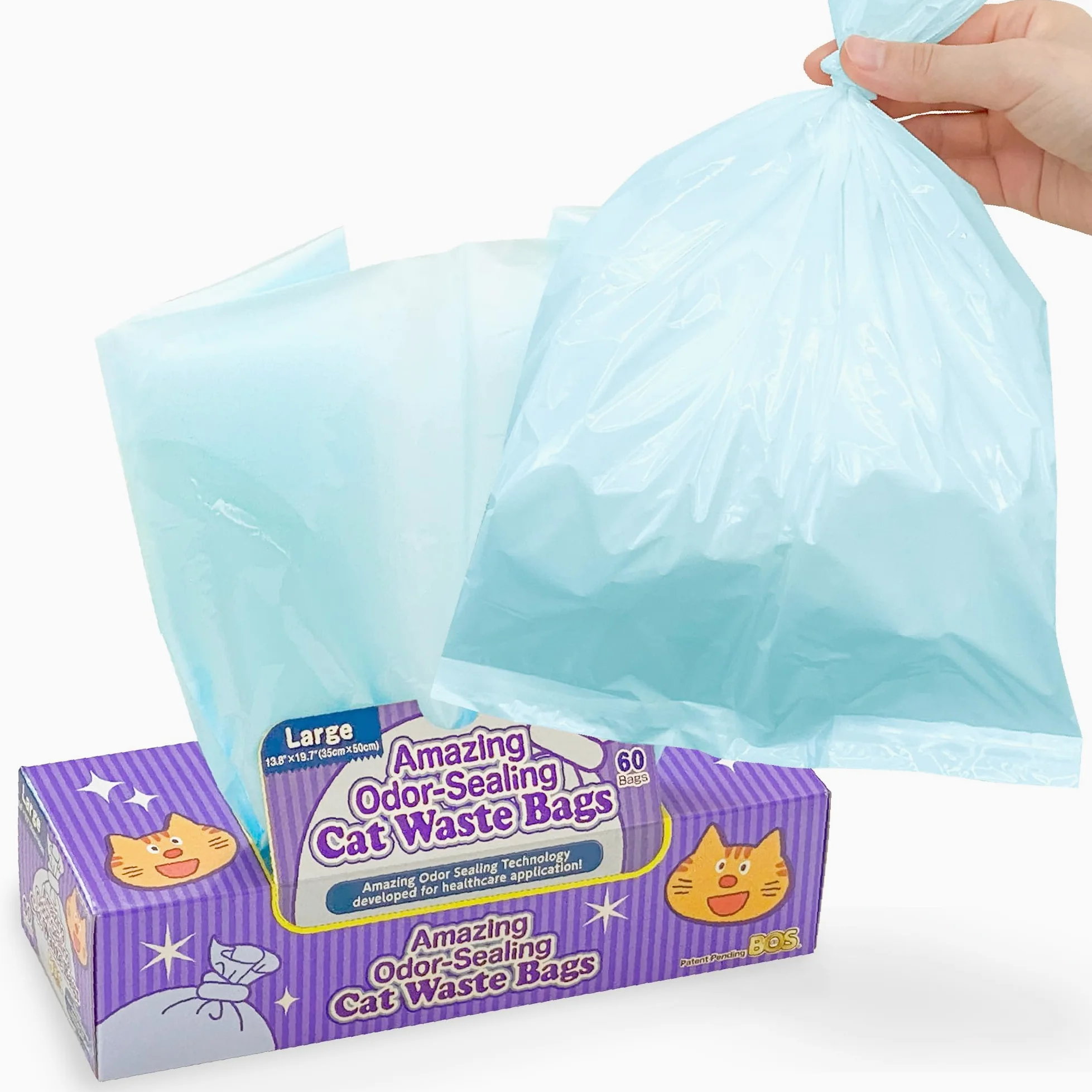 BOS - Bolsas de basura para gatos (60 bolsas, duraderas, sin perfume, tamaño L, color azul claro)