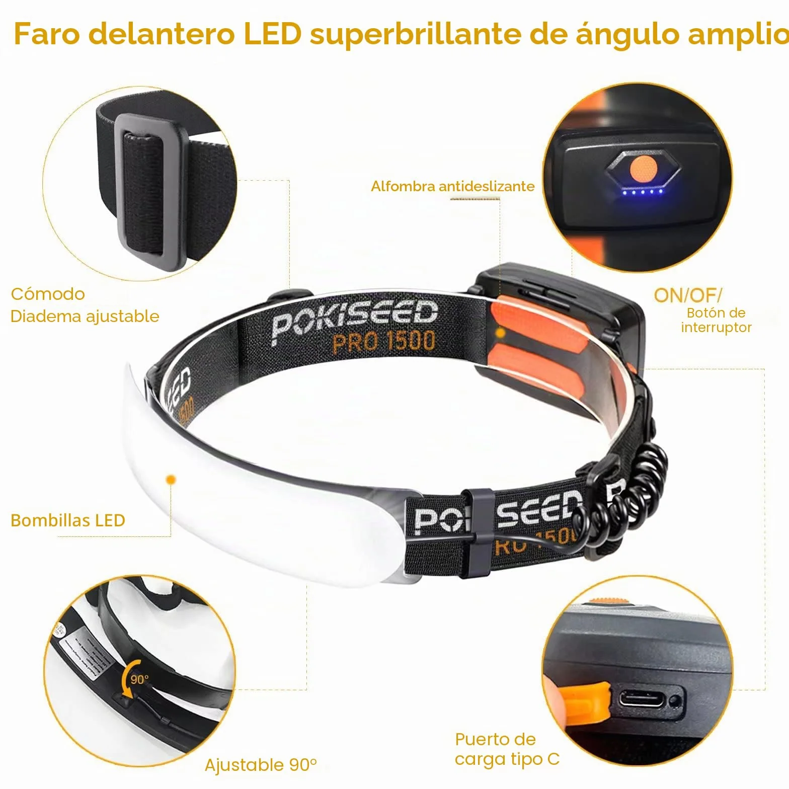 POKISEED Linterna Frontal LED Recargable 1500 Lúmenes USB-C 5000 mAh IPX6 Impermeable