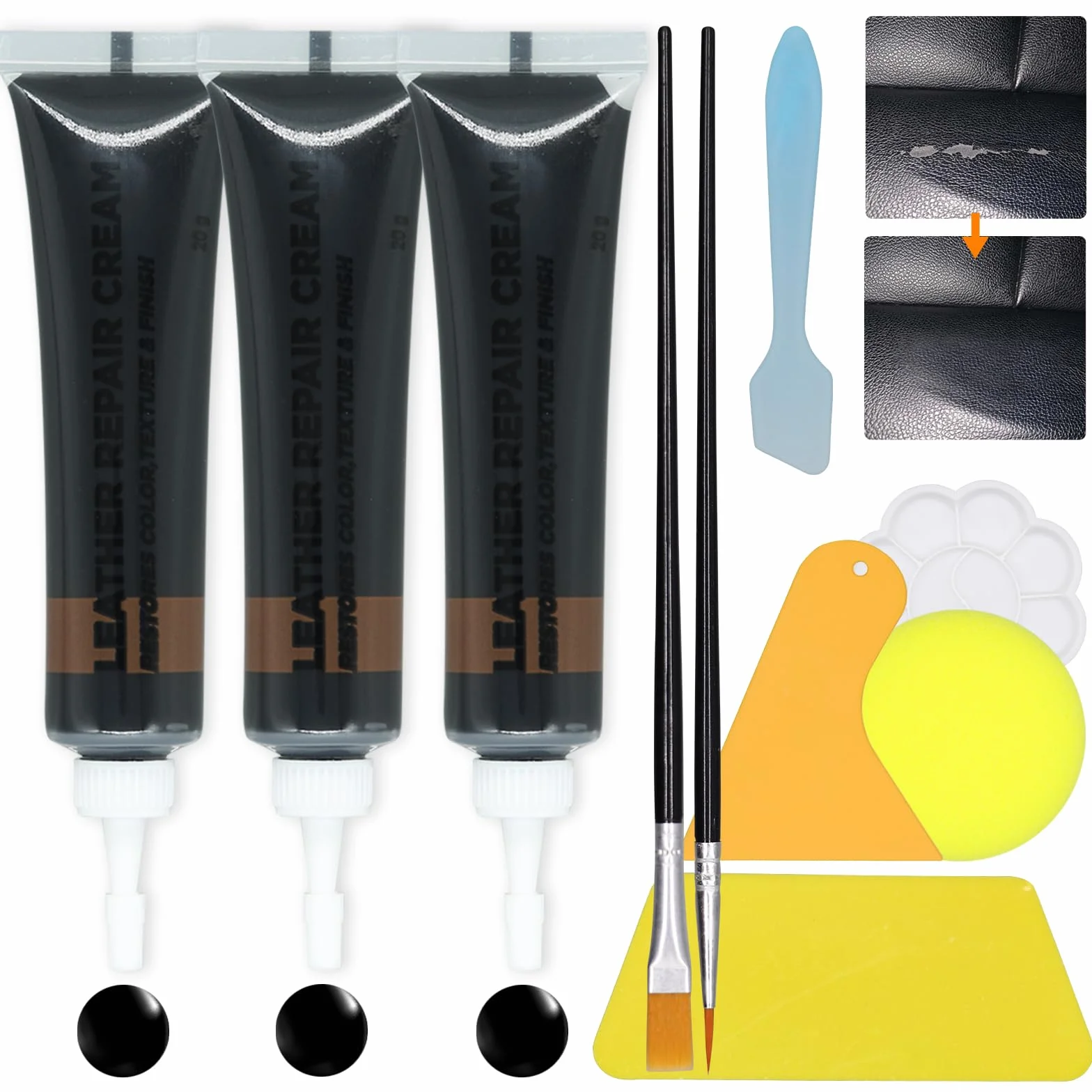 Cuero Liquido Reparador Negro 60g, Reparador Cuero, Reparador de Cuero, para Reparar Arañazos, Agujeros y Decoloración en Asientos de Coche, Sofás, Bolsos, Zapatos